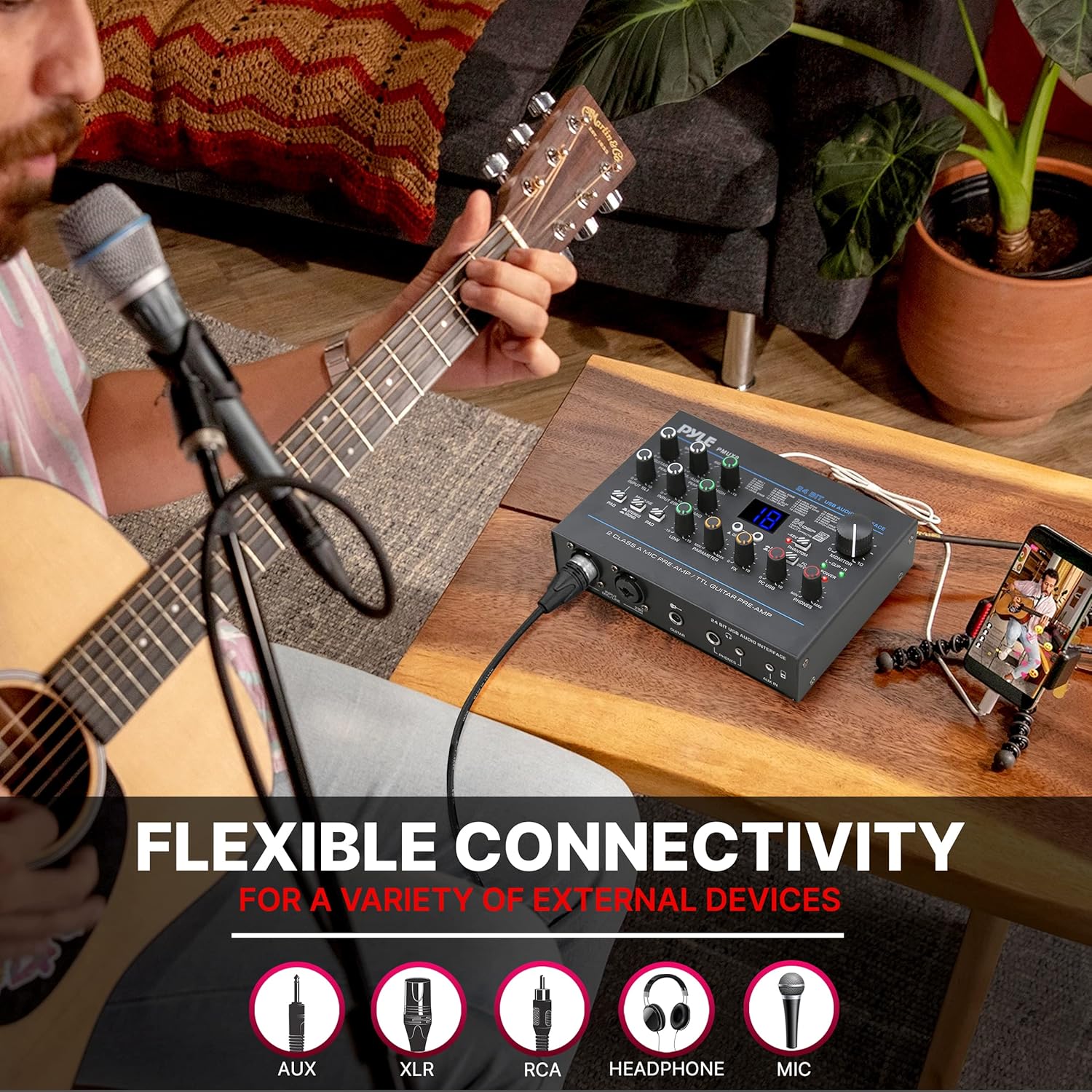 Pyle USB Audio Interface - MIC/LINE - Guitar - AUX Stereo & RCA Inputs - Preset 24 Digital Effects - Phantom Power - Phone/Stereo/Monitor/Headphone Outputs - For Computer Playing & Recording - PMUX9