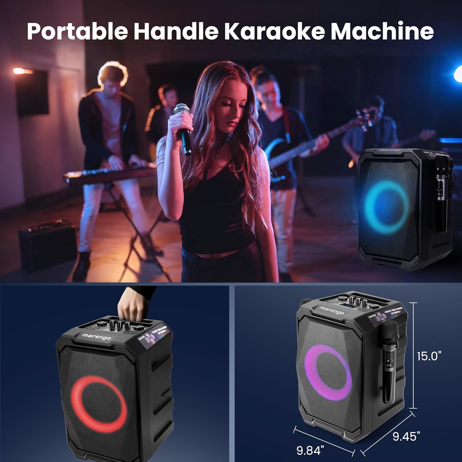 Karaoke Machine with 2 Wireless Microphones, Portable Bluetooth Party Karaoke Speaker with LED Lights, Bass/Treble Adjustment, TWS, 800W(Peak) PA System for Home Party, Supports USB/AUX/REC/Mic-in