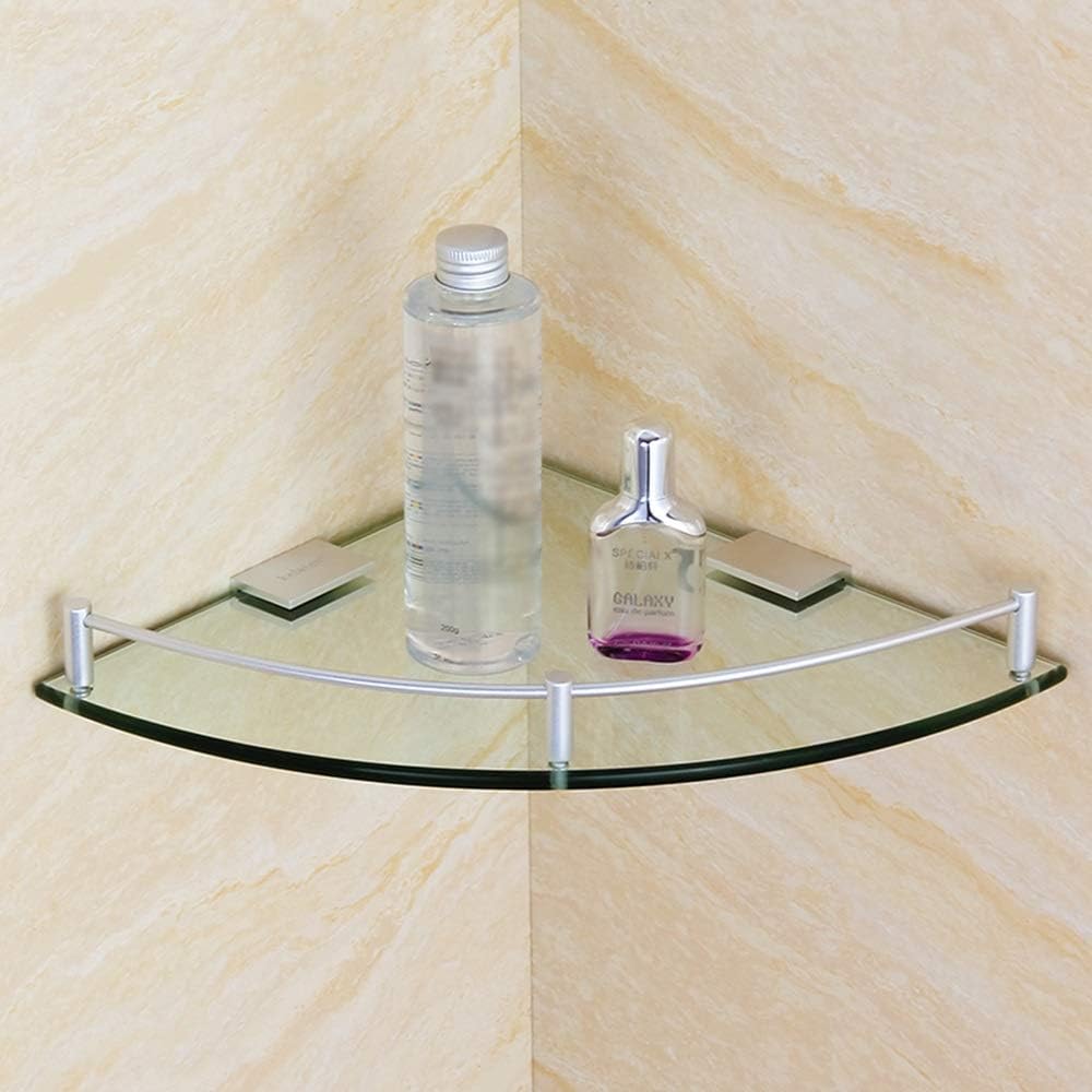 Glass Shelf Bathroom, Corner Shelf with Rails Wall Mount Silver Finish,20CM /25CM /28CM,Floating Shelf,25CM