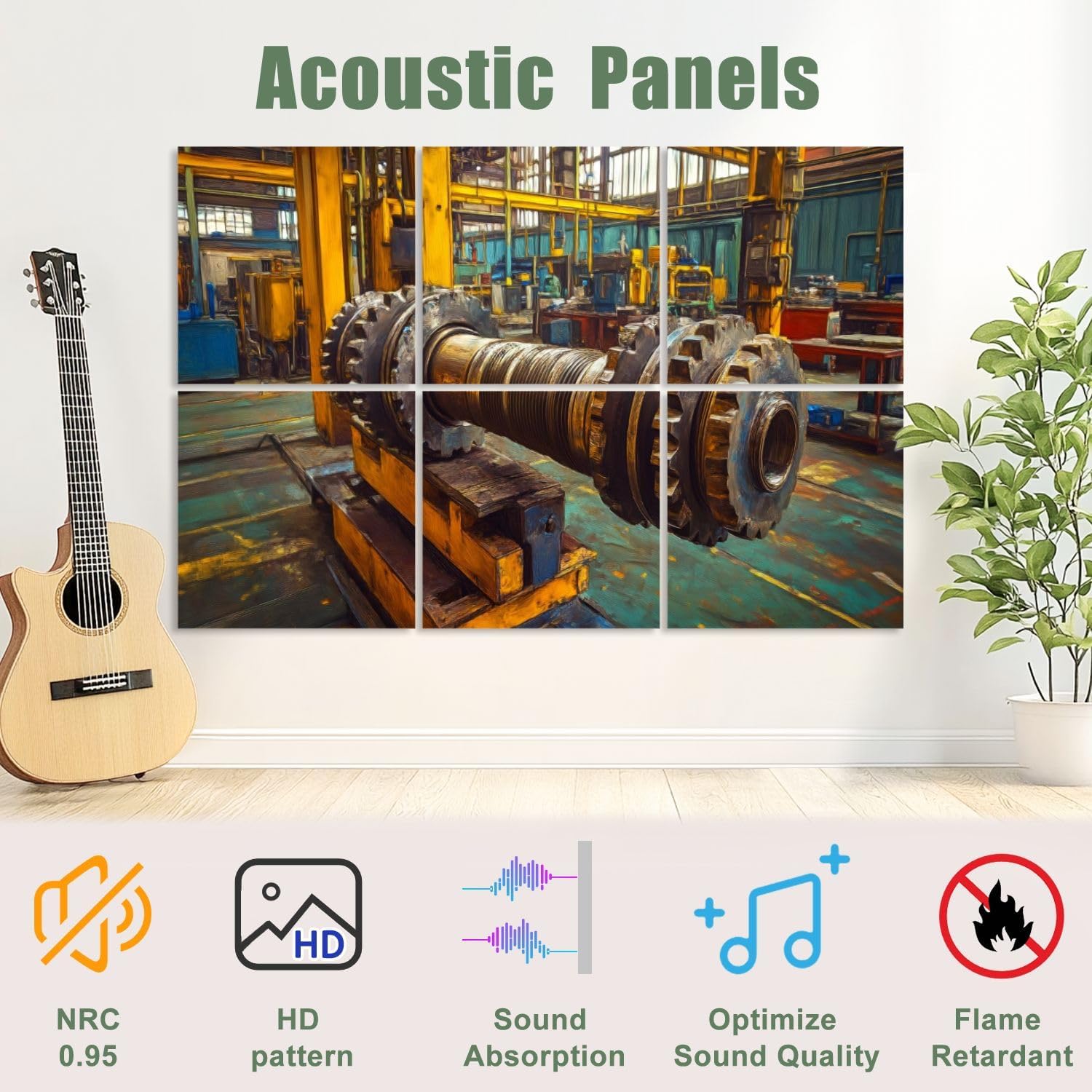 6 Pack Art Acoustic Panels Sound Absorbing Abstract Wheel Industrial Mechanical Teamwork Gears Machinery Factory Decorative Soundproof Wall Panels Self Adhesive for Recording Studios Office 72