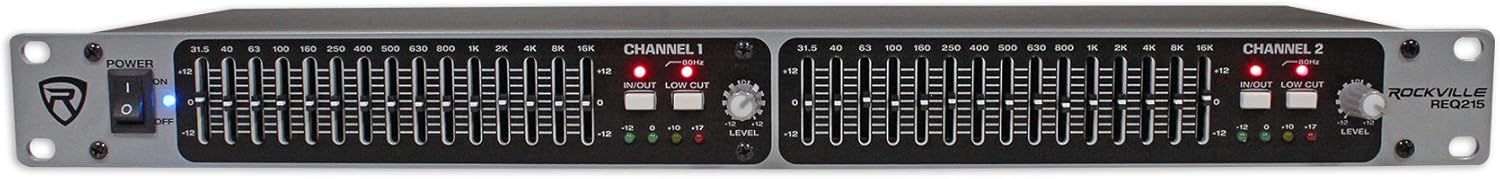 Rockville REQ215 Dual 15 Band 1/3 Octave Graphic Equalizer, Subwoofer Output, Low-Cut Filter, XLR Connectivity, for Home Audio and Live Sound
