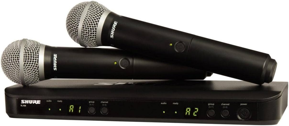 Shure BLX288/PG58 Wireless Microphone System - 14-Hour Battery Life, 300 ft Range, UHF | Includes (2) PG58 Handheld Vocal Mics, Dual Channel Receiver | J11 Band (BLX288/PG58-J11)