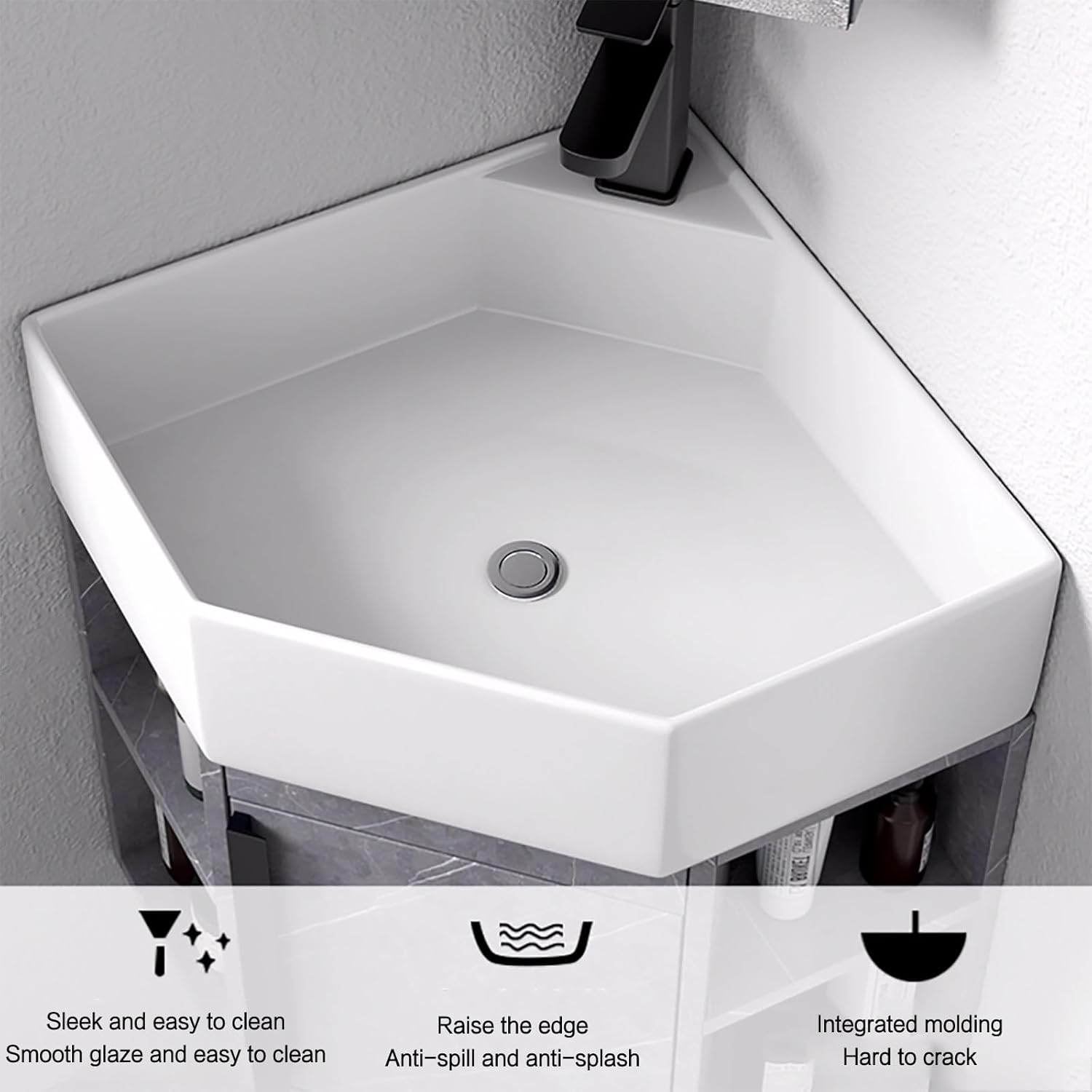 Corner Wall Mount Bathroom Sink Corner Bathroom Sink Corner Ceramic Sink Corner Bathroom Vanity Corner Bathroom Vanity with Sink Corner Balcony Sink with Storage Container(17.7in/45cm)