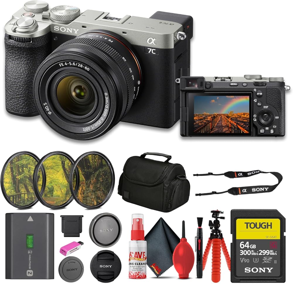 Sony Alpha 7C II Mirrorless Full-Frame Interchangeable Lens Camera - Silver with 28-60mm Lens (ILCE-7CM2L/S) + 64GB SF-G Tough Card + Filter Kit + Bag + Card Reader + Tripod + Cleaning Kit (Renewed)