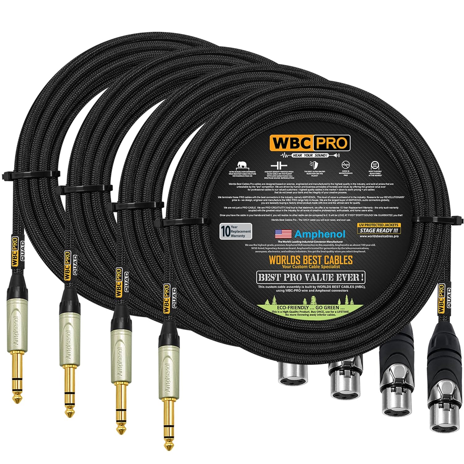 4 Units - 30 Foot - WBC-PRO-Quad Ultra-Silent Ultra-Flexible Balanced Star-Quad XLR to TRS Cable with Amphenol AXX3F Female XLR & QS3P-AU Straight TRS Stereo Phone Plugs - Black Tweed Jacket
