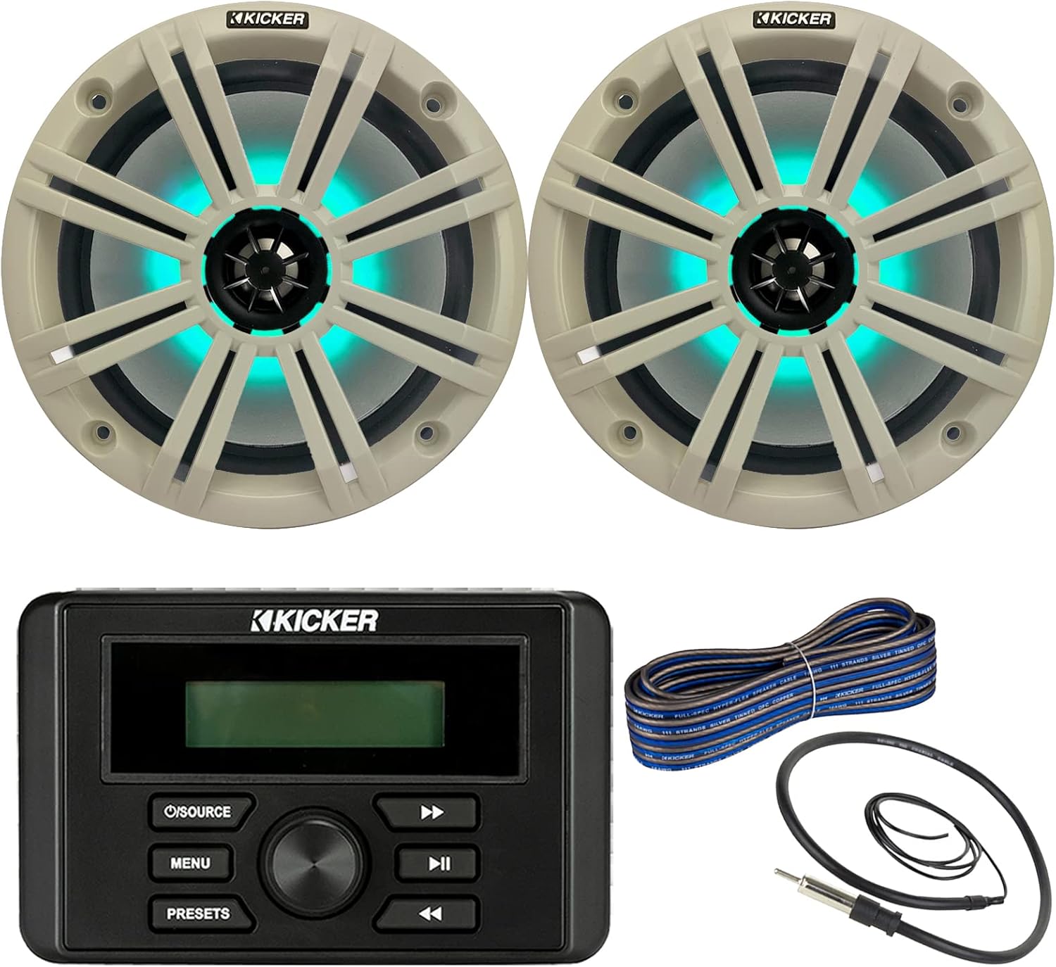 Kicker Weather-Resistant Marine Bluetooth USB RCA Stereo Receiver Bundle Combo with (QTY 2) 8