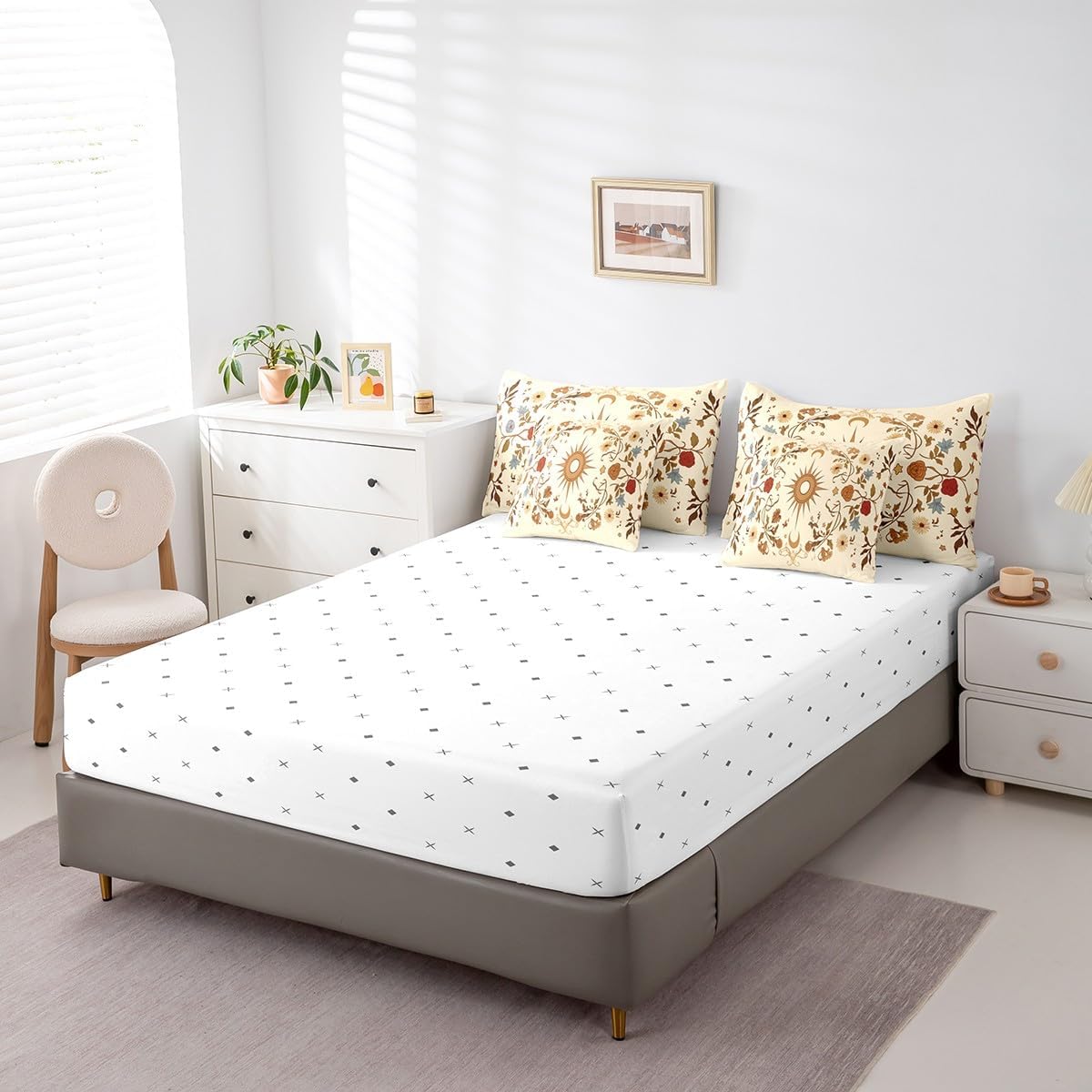 Erosebridal Vintage Floral Queen Bedding Set 7 Piece,Sun Moon and Stars Comforter Set for Kids Adults Room Decor,Boho Flower Bed Set Aesthetic Flowers Bed in a Bag with Fitted+Flat Sheet,Pillowcases