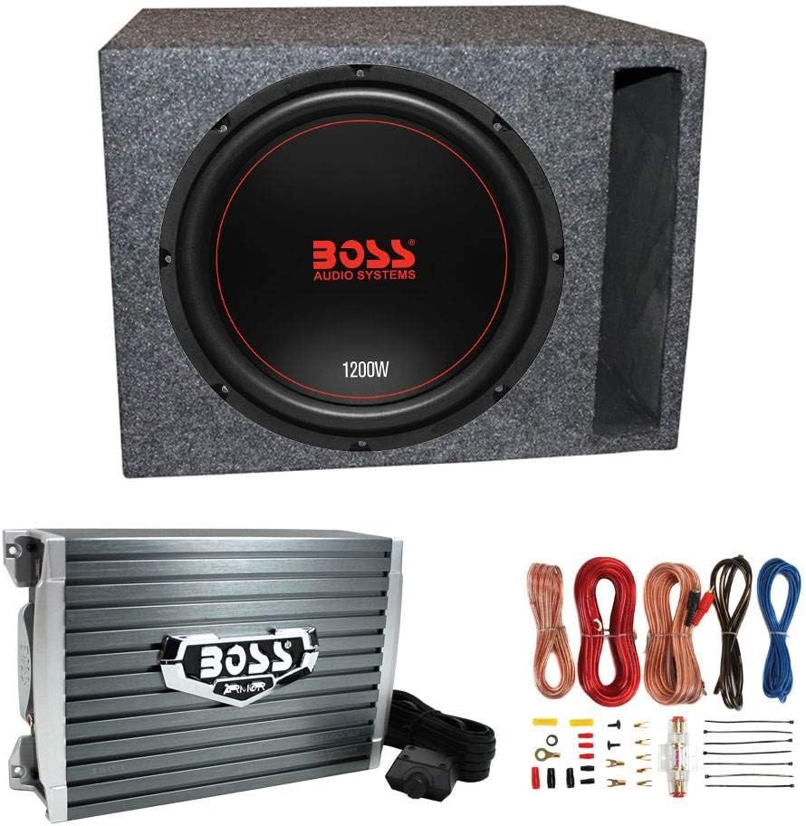 Boss Chaos Exxtreme CXX124DVC 12-Inch 1200W 4 Ohm Subwoofer with QSBASS12-VENTED Vented Subwoofer Enclosure Box, AR1500M Amplifier & AKS8 Wiring Kit