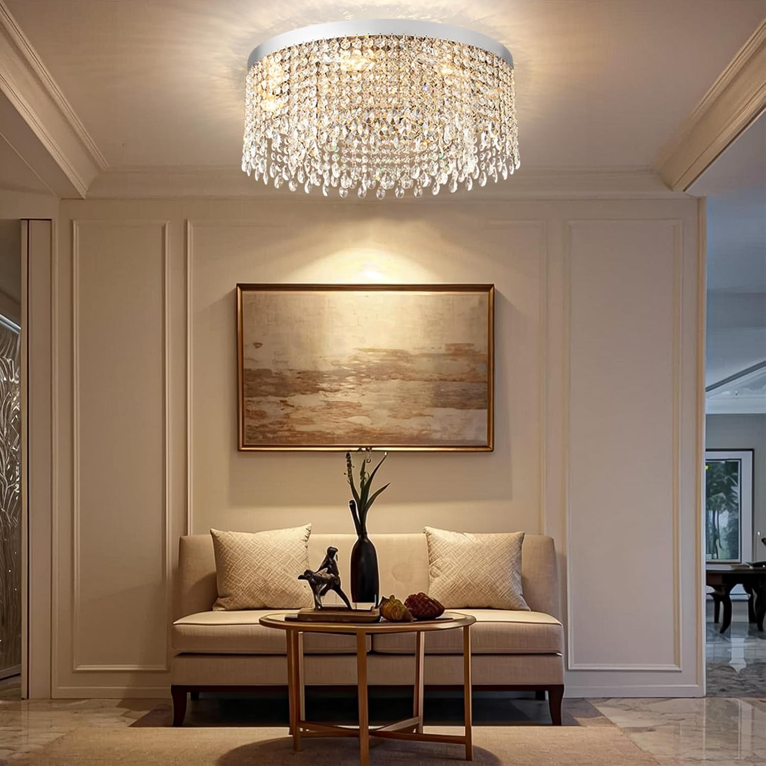 Modern Crystal Ceiling Light Chandelier 31.5in Raindrop Crystal Chandelier Large Flush Mount Light Fixtures for Living Room Dining Room Bedroom Chrome