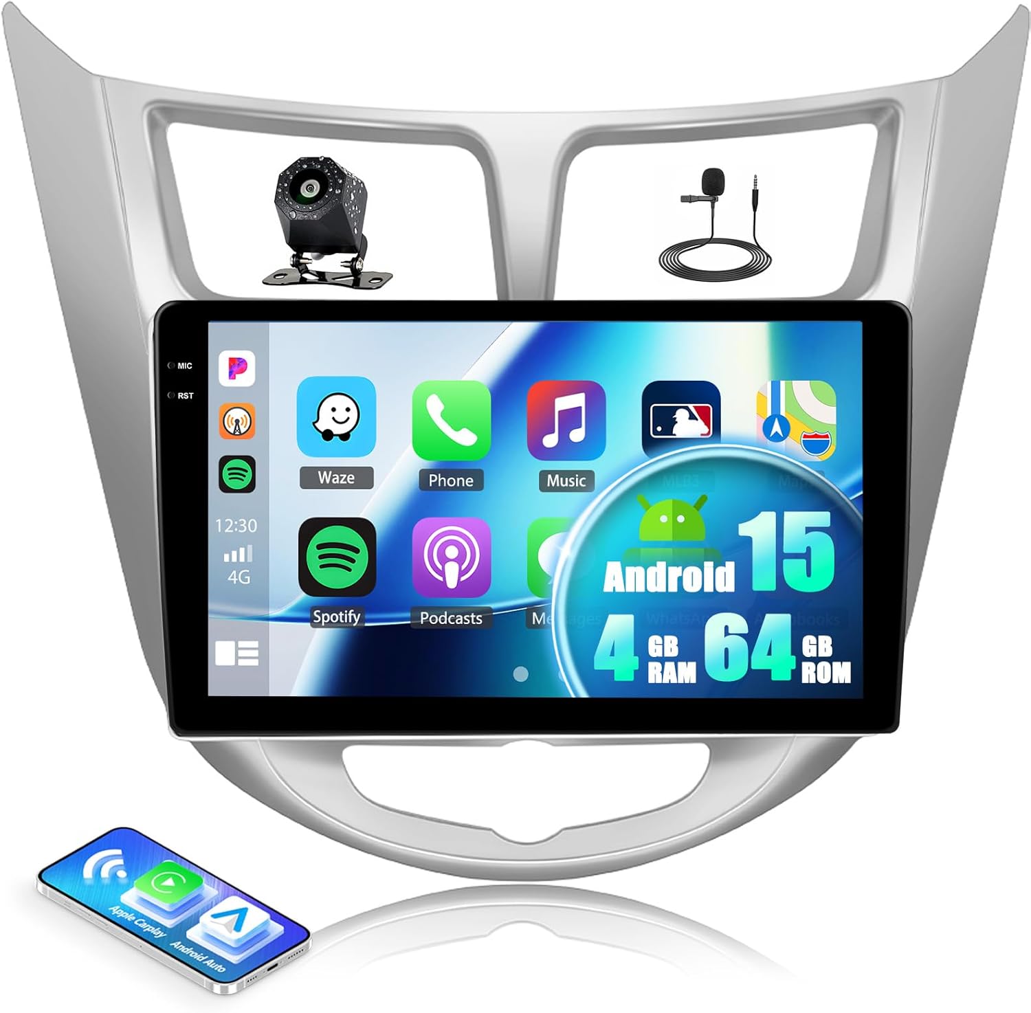 4+64G Android 15 Car Stereo for Hyundai Accent Solaris Verna Reina 2010-2016 with Wireless Carplay Android Auto, 9 inch 1280 * 720P IPS Touchscreen Bluetooth5.0 Car Radio with GPS WiFi AHD Rear Camera