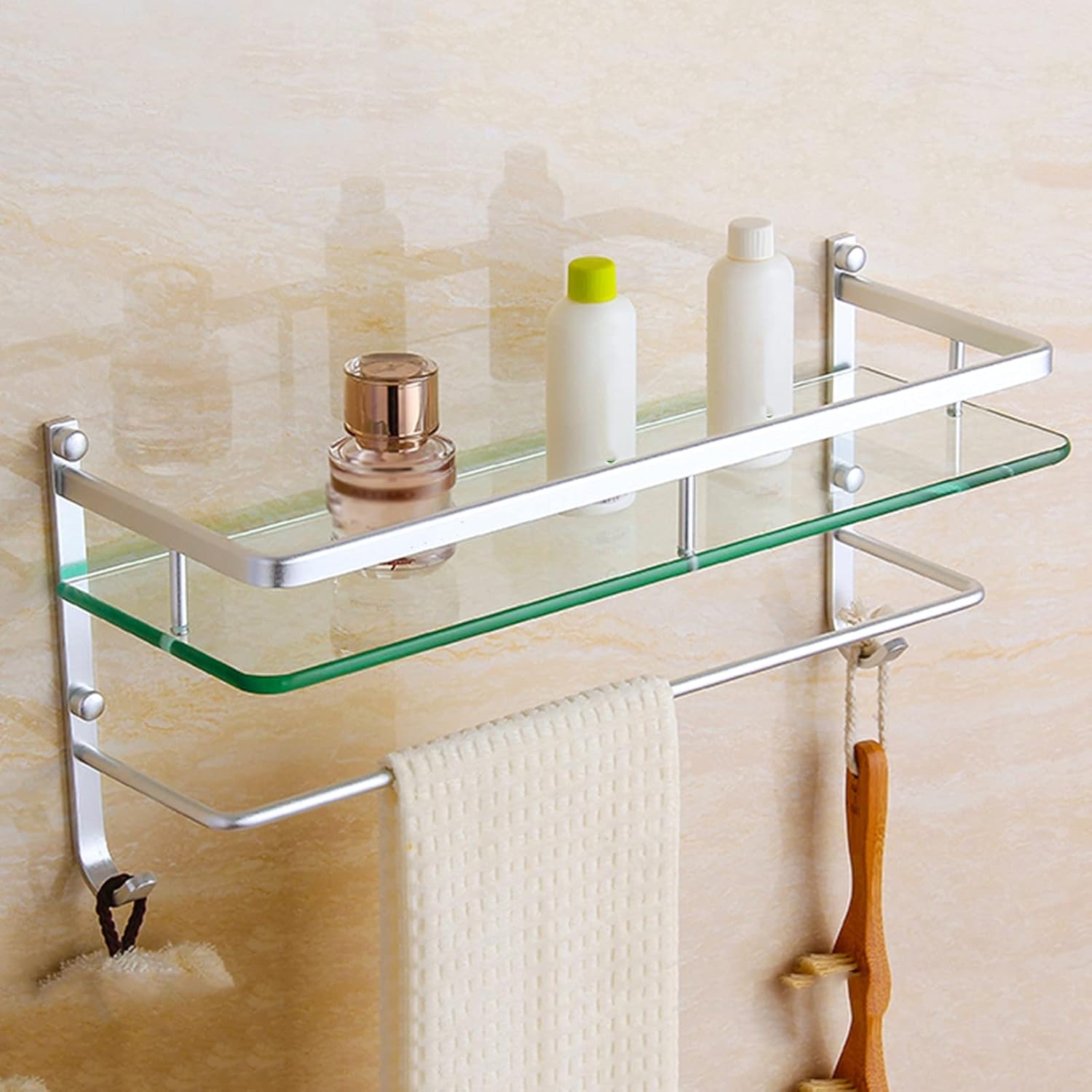 Shower Shelves,Corner Shower Caddy, Wall Mount Space Aluminum Tempered Glass Rack, Shower Caddy Shelf with Hooks and Towel Rack, Silver (Size : 60cm/23.6in) ( Size : 40cm/15.7 ( Size : 40cm/15.7in )