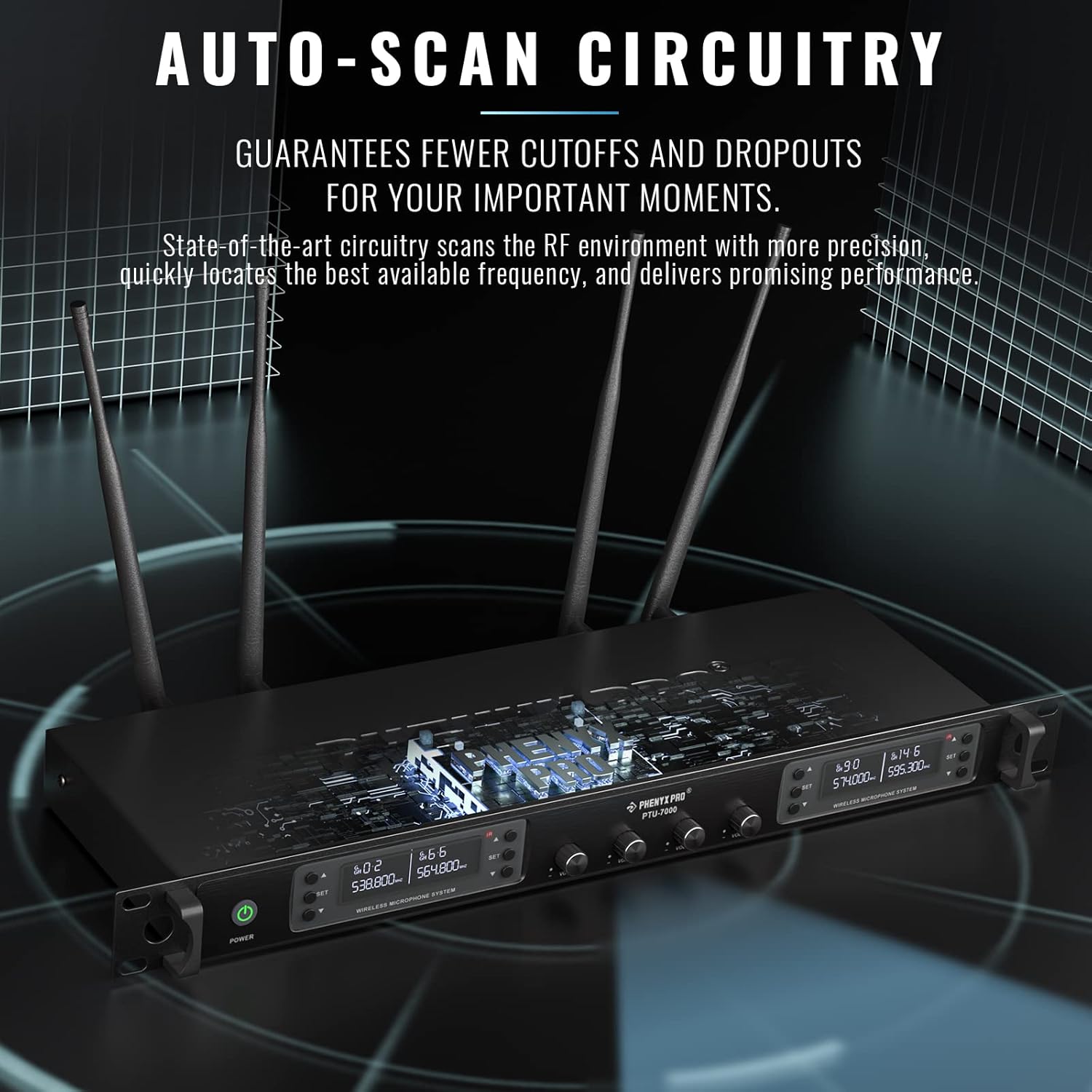 Phenyx Pro Wireless Microphone System, Quad Channel Wireless Mic, w/ 4x40 UHF Frequencies, Auto Scan, 328ft Long Range, 4 Handheld Dynamic Microphone for Singing, Church, Karaoke (PTU-7000-4H)