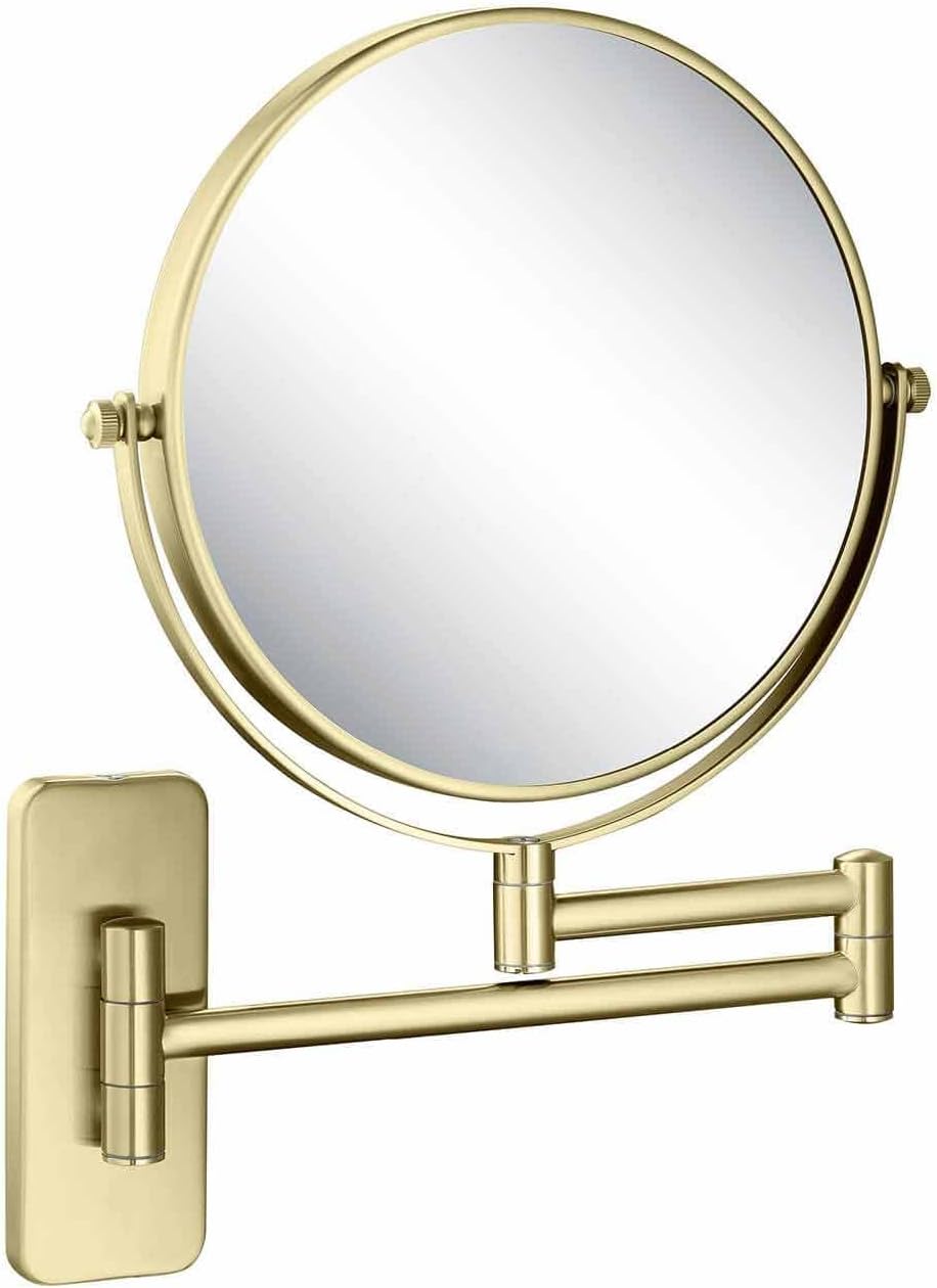 KIBI Circular Wall Mount Makeup Mirror, Dual-Sided 1x/5x Magnifying Mirror with Extendable Arm, 360° Swivel, Solid Brass Construction for Durability and Style (Brushed Gold, KMM100)