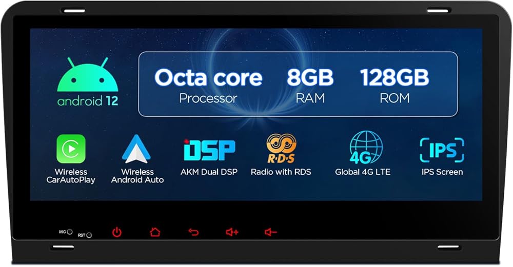 XTRONS Single Din Car Stereo for Audi A3 S3 RS3, Android 12 Octa Core 8GB+128GB Car Radio, 8.8 Inch QLED Touch Screen GPS Navigation for Car Bluetooth Head Unit DSP Car Play Android Auto 4G LTE