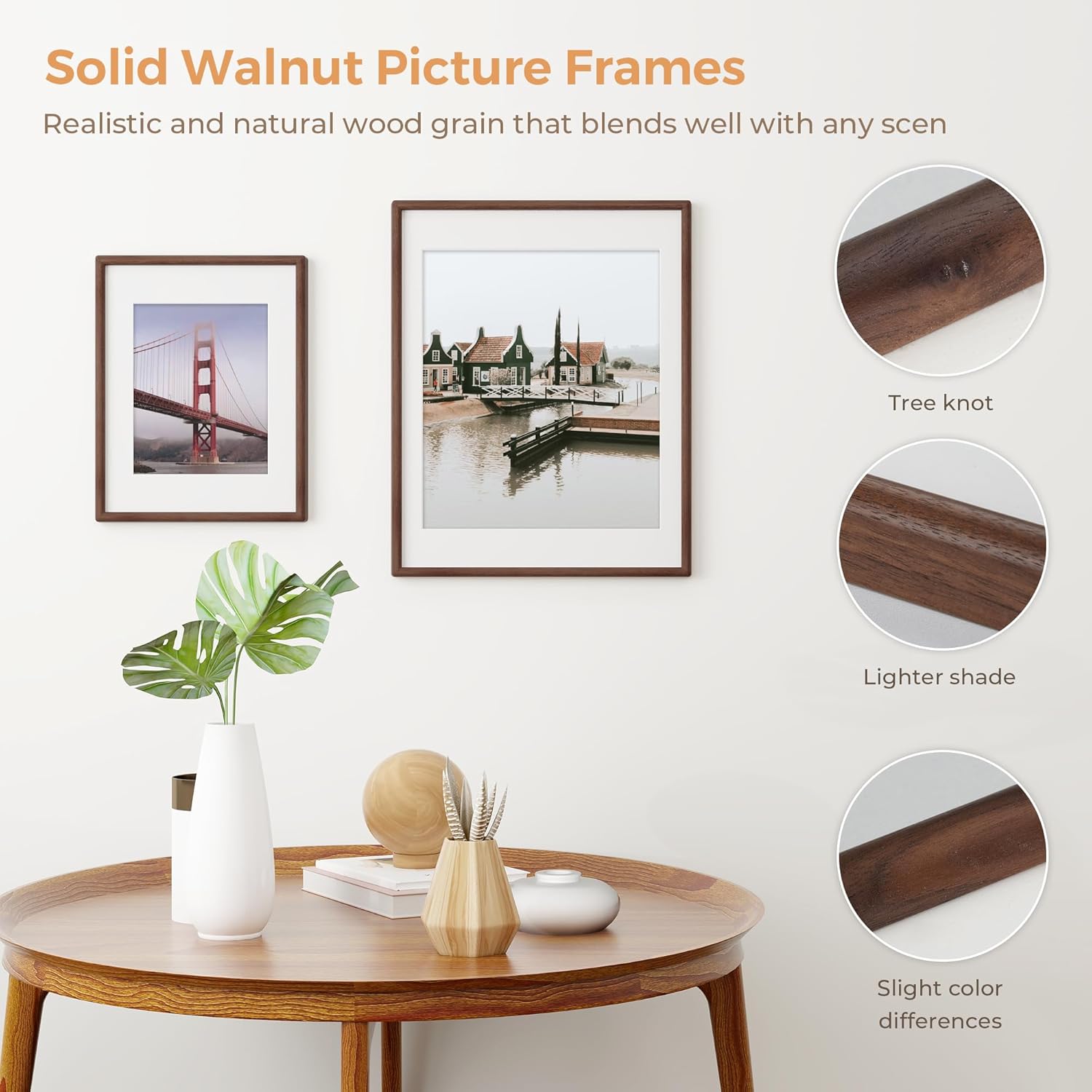 Axeman 11 x 14 Walnut Frame Set of 3 - Rounded Corner 11x14 Picture Frame Matted to 8x10 - Natural Walnut Wood 14x11 Photo Frame with Tempered Glass for Wall Mount Display
