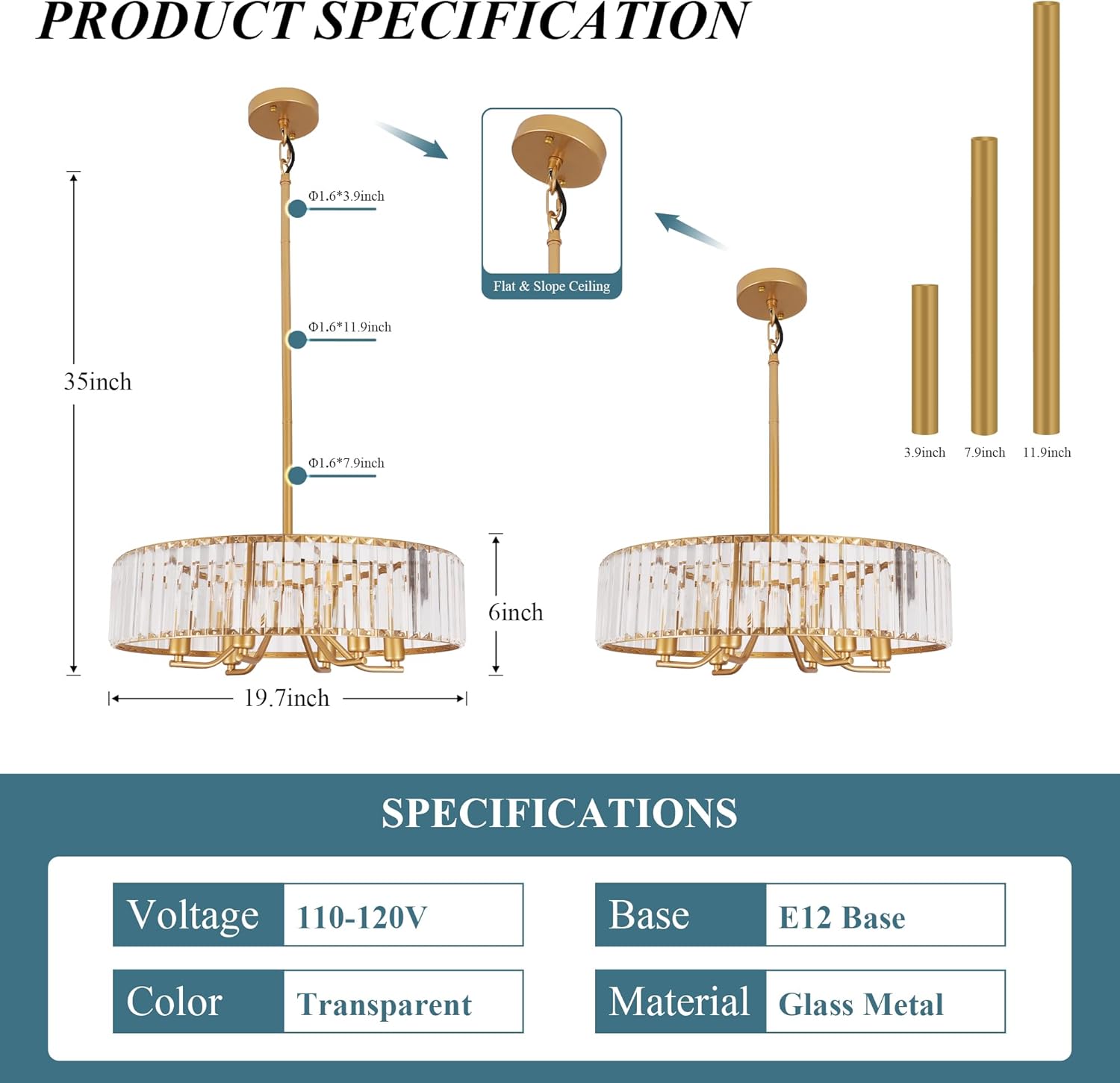 Gold Crystal Chandelier for Dining Room, 6-Light Modern Semi Flush Mount Chandelier Lighting Fixtures, Round Kitchen Hanging Drum Pendant Lights Ceiling for Bedroom Entryway Foyer, E12 Base, 19.7 Inch