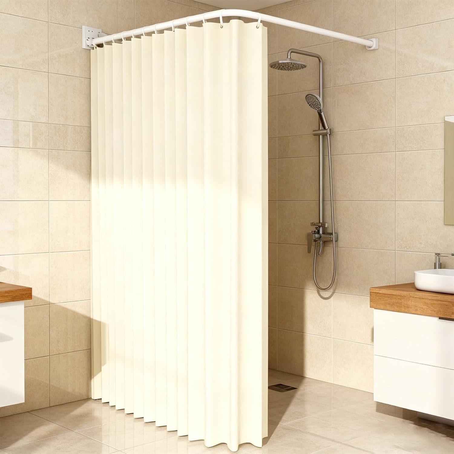 Folding Shower Curtain Rod Curtain Set,White Wall Mount Retractable Shower Curtain,Adjustable Angle, L/U Shaped Corner Shower Curtain Rod, No Drill, for Bathroom(5Fold78.7 * 78.7in)
