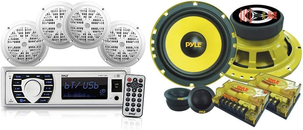 Marine Radio Receiver Speaker Set - 12v Single DIN Style Bluetooth Compatible Waterproof Digital Boat In Dash Console System with 2-Way Custom Component Speaker System