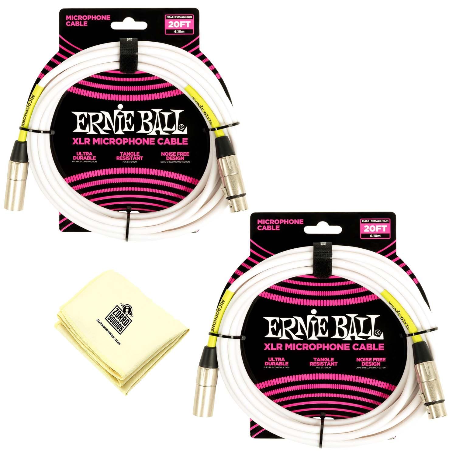 Ernie Ball XLR Microphone Cable with Zorro Polishing/Cleaning Cloth (20 Feet) Pack of 2 P06389