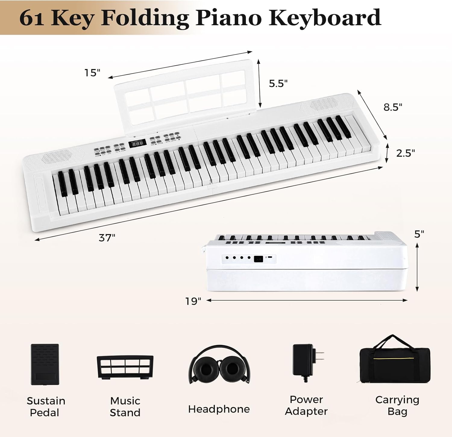 Costzon 61 Key Folding Piano Keyboard, Electric Digital Piano Keyboard with Lighted Keys, MIDI, Headphones, Sustain Pedal & Carrying Bag, Portable Keyboard Piano for Beginners Adults (White)