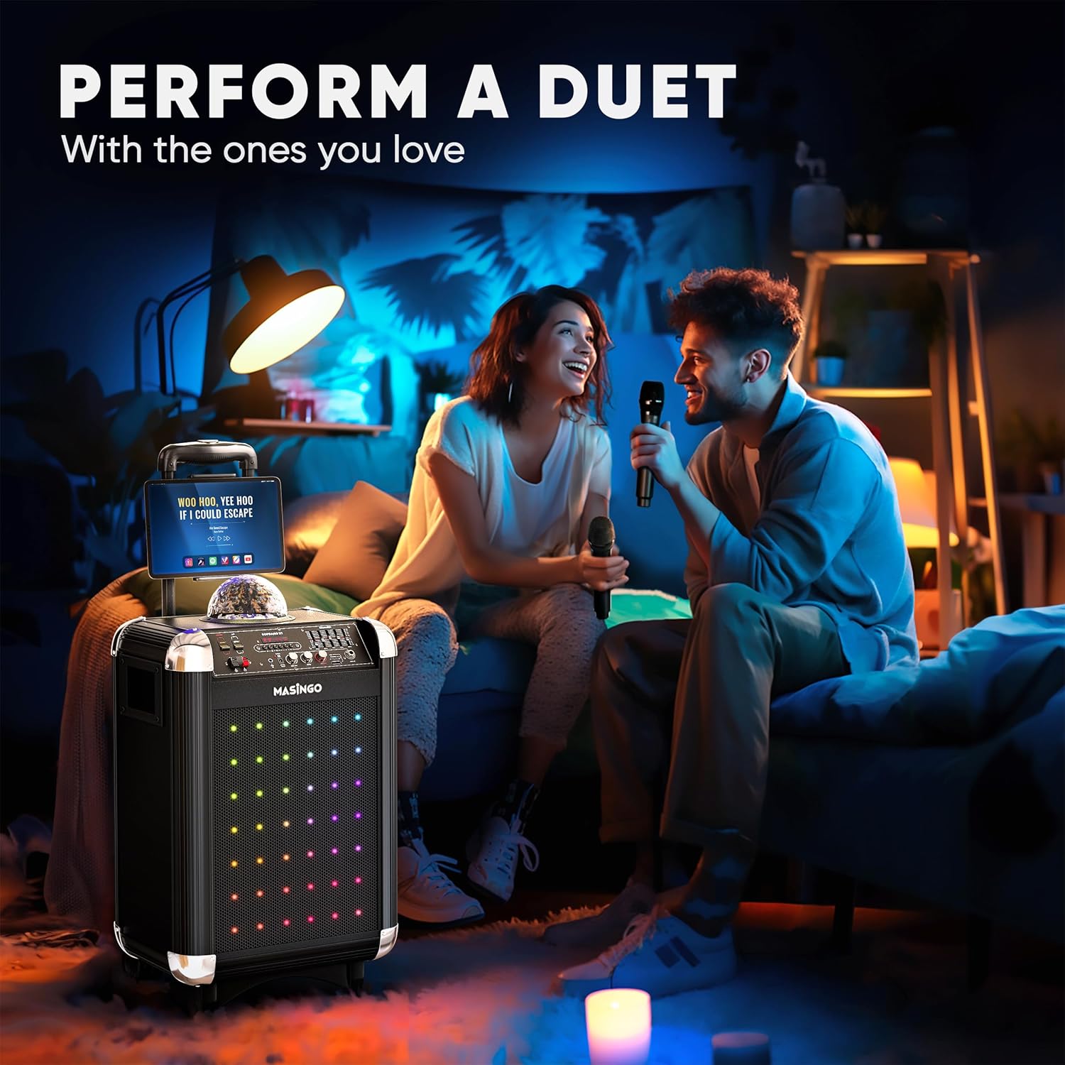 MASINGO Karaoke Machine for Adults and Kids with 2 Bluetooth Wireless Microphones. Portable Singing PA Speaker System with Disco Ball Lights, Lyrics Display Tablet Holder & TV Cable. Soprano X1 2.0