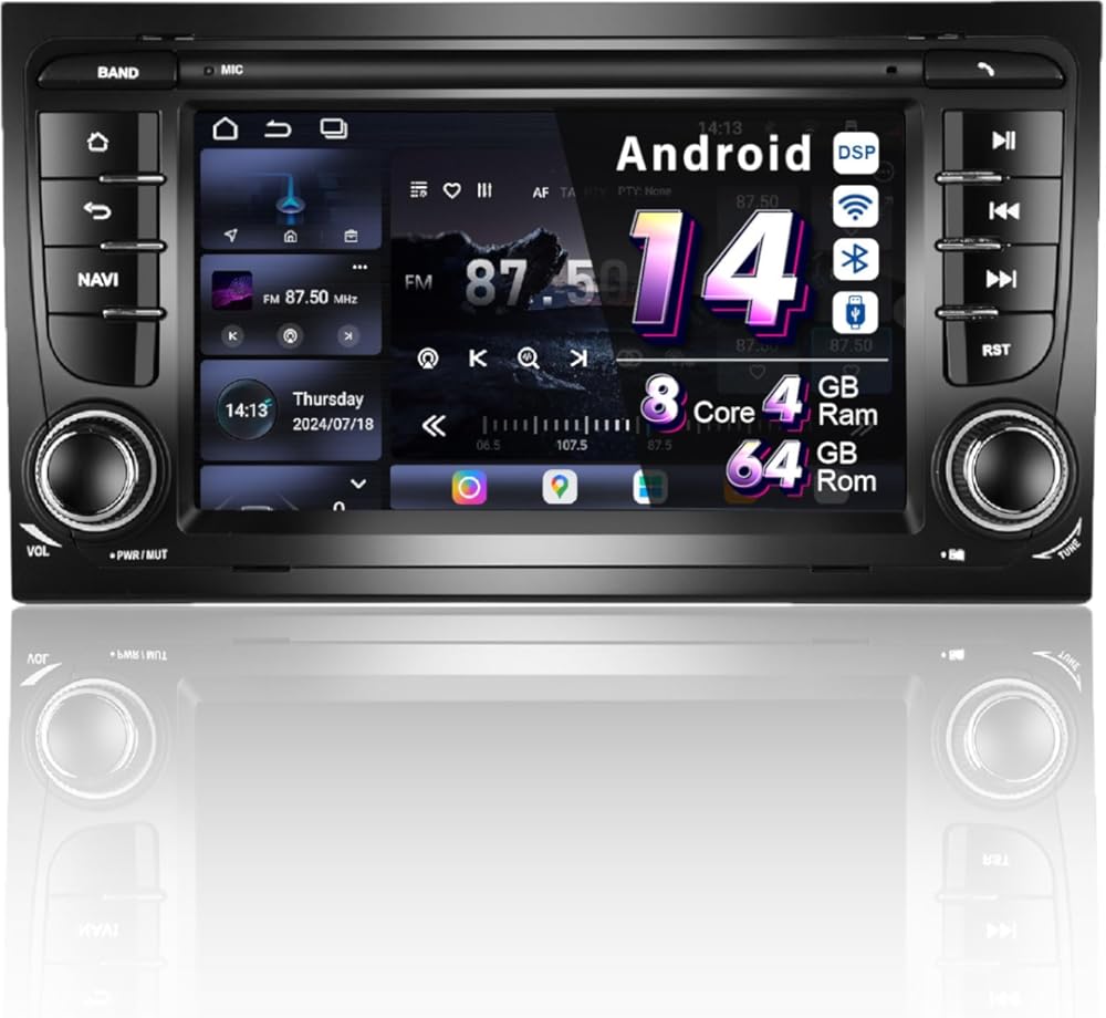 AMASE AUDIO Android 14 Car Stereo for Audi A4 S4 RS4, Octa cores (4+64), Wireless Carplay Android Auto, DSP+, 7