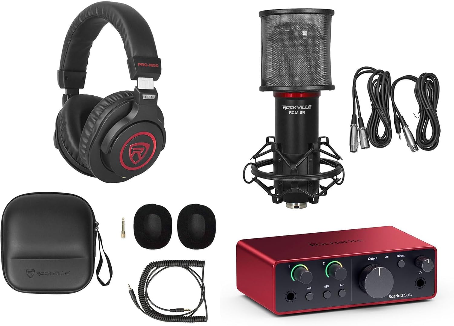 Audiosavings Bundle: Focusrite Scarlett Solo 4th Gen Studio Recording USB Audio Interface Bundle with Rockville RCM SR Studio/Recording Condenser Microphone+PRO-M50 SR Studio Headphone (3 Items)