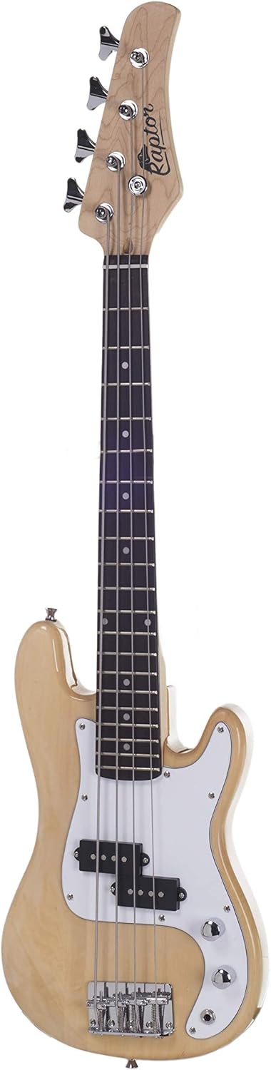 RAPTOR 38 Inch Kids Child 4 String Electric P Bass Package - NATURAL with 5W Amp, Gig Bag, Strap, Cable, Picks