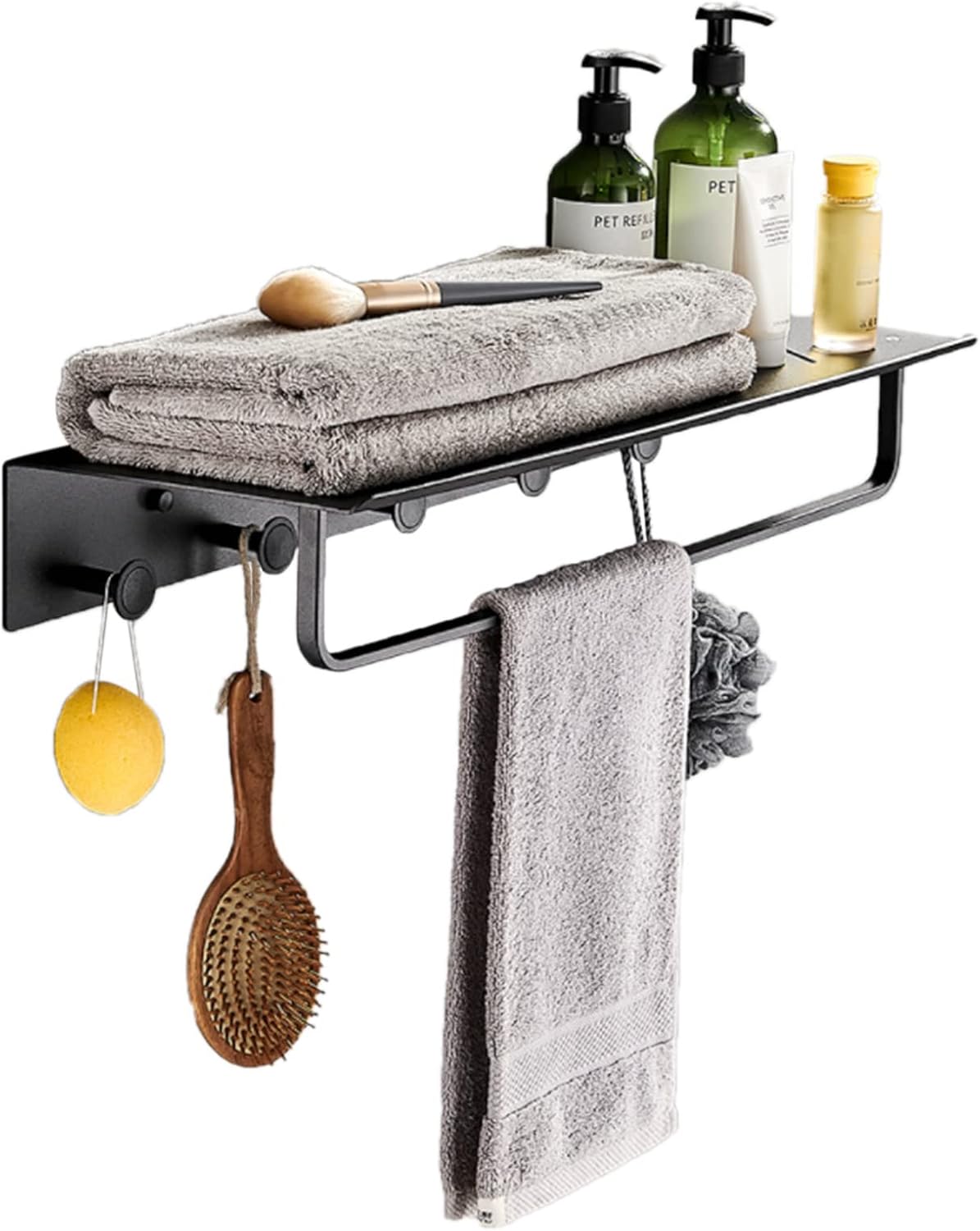 Shower Shelves with Towel Rack Bathroom Shelf Adhesive Shower Caddie with Hook No Drilling Wall Mount Space Aluminum for Kitche