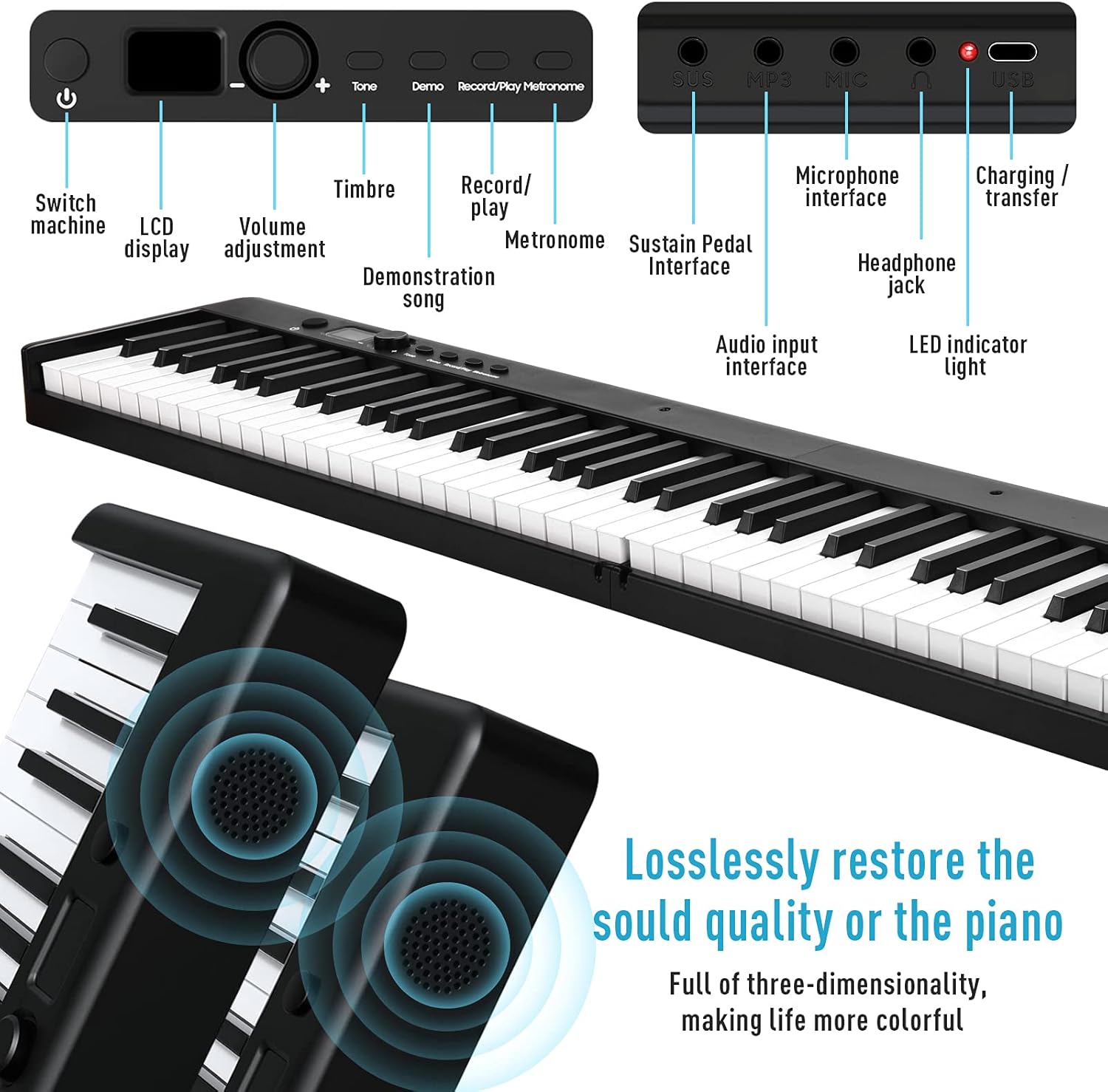 88 Key Foldable Digital Piano Keyboard,Full Size Semi Weighted Keys Bluetooth Keyboard Portable Electronic Piano with Pedal, piano bag,charger,Bluetooth MIDI,music stand for all ages