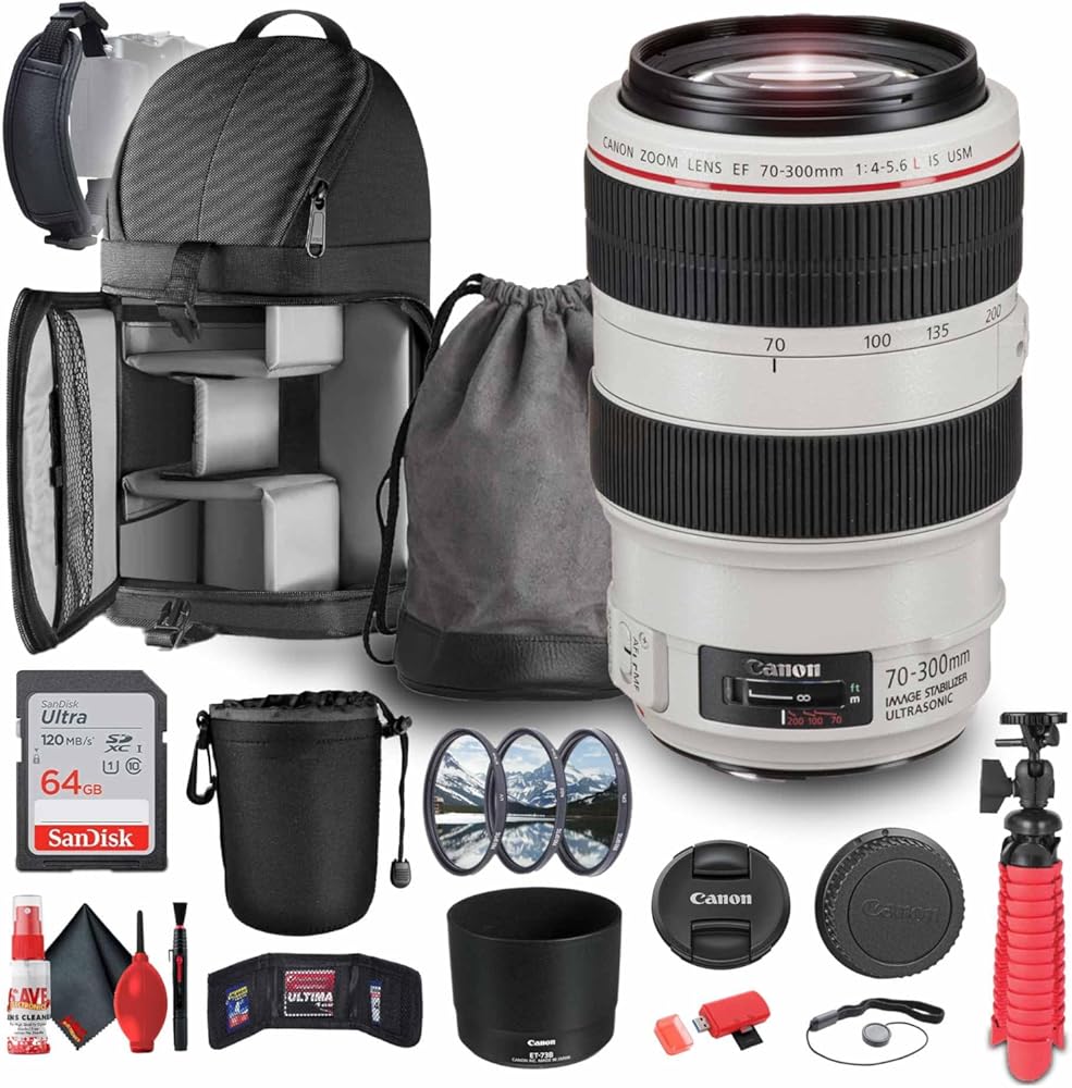 Canon EF 70-300mm f/4-5.6L is USM Telephoto Zoom Lens (4426B008AA) + 64GB Ultra Memory Card + Lens Pouch + Filter Kit + Backpack + Flexible Tripod + Cap Keeper + Cleaning Kit + More (Renewed)