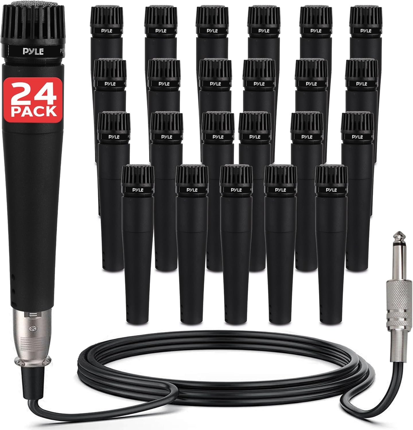 Pyle Professional Dynamic Microphone - 24-Pack Unidirectional Handheld Moving Coil Mic with Built-in Pop Filter, 15 ft. XLR Audio Cable, Ideal for Stage, Karaoke & Studio Performances