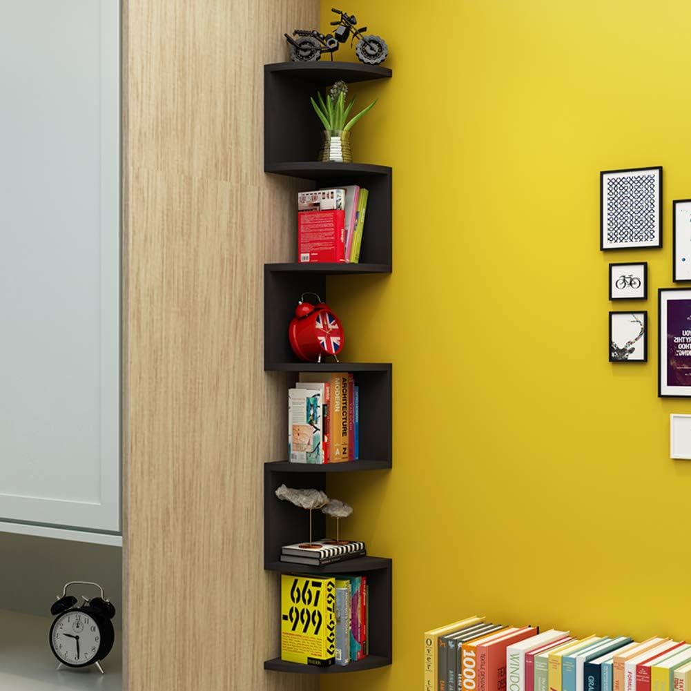 Floating Corner Shelf, 7 Tier Wood Bookshelf Wall Shelf Wall Mount Spice Rack Storage Display for Kitchen Office-White 20cm(8inch) (Black 20cm(8inch))