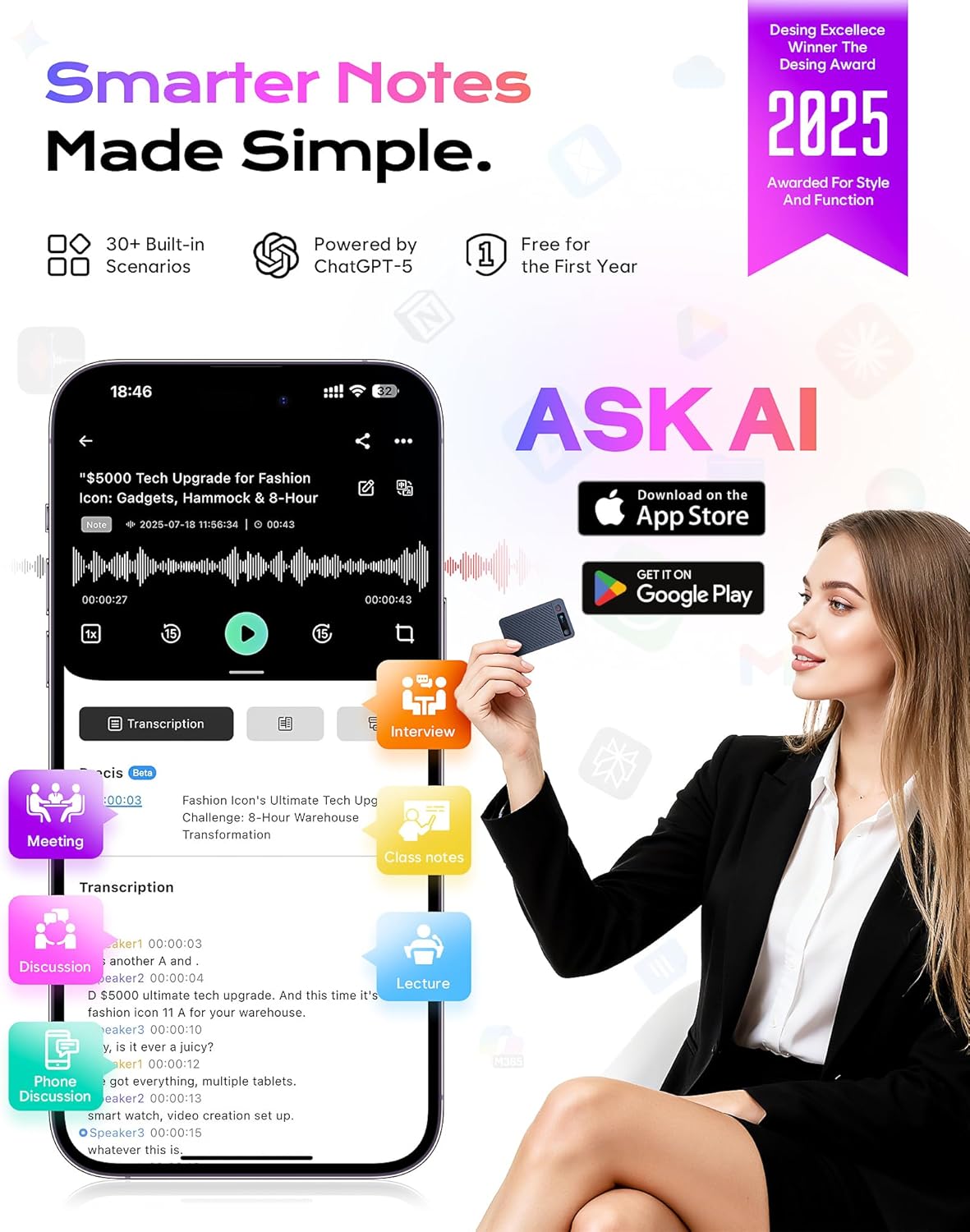 AI Voice Recorder, 64GB Note Taking Device w/Magnetic Case, App Control, AI Technology Transcribe & Summarize Free, 121 Languages, 45H Battery, Audio Recorder for Lectures Meetings Calls