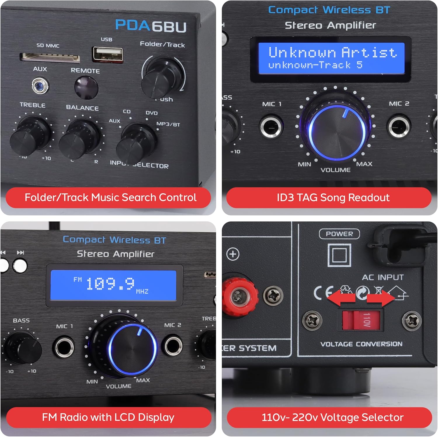 Pyle Wireless Bluetooth Power Amplifier System - 200W Dual Channel Sound Audio Stereo Receiver w/ USB, SD, AUX, MIC IN w/ Echo, Radio, LCD - For Home Theater Entertainment via RCA, Studio Use - PDA6BU