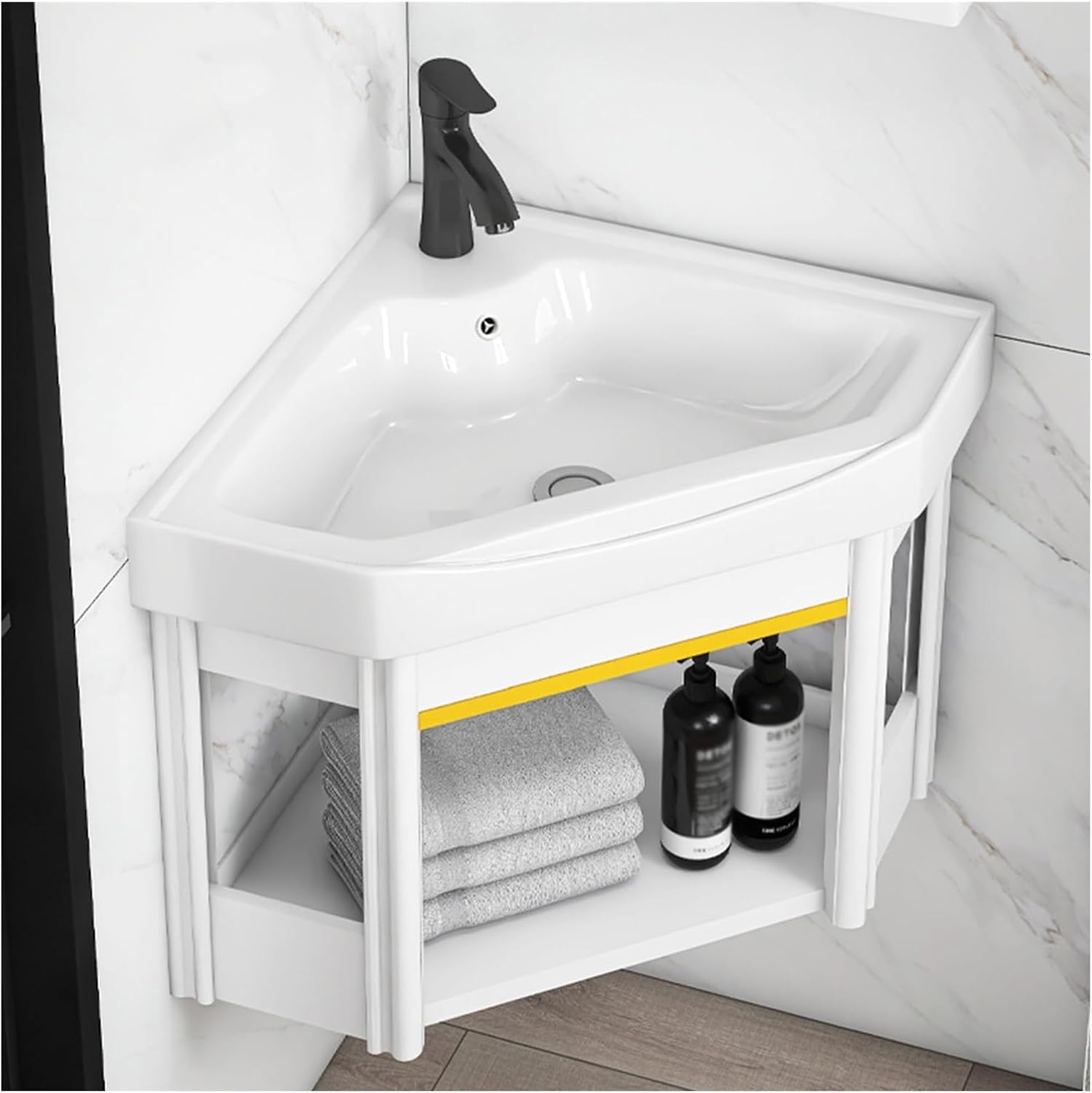 Small Wall Mount Corner Sink, with Storage Cabinet, Easy to Install, Space-Saving Wall-Mounted Wash Basin for Compact Bathrooms (White 48x48x40cm)