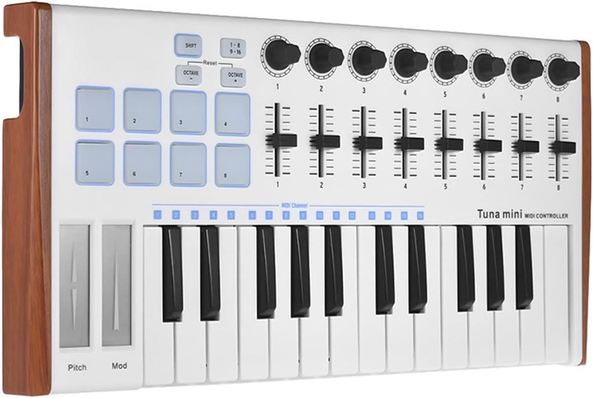 25-Key USB MIDI Keyboard Controller 8 RGB Backlit Trigger Pads with 6.35mm Pedal Jack Portable Keyboard Piano