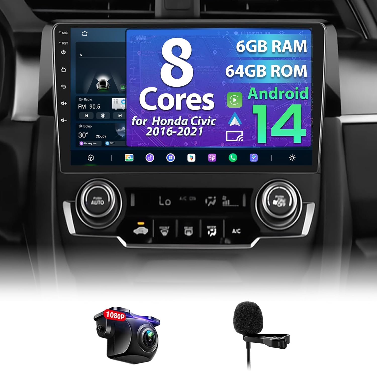 8 Core 6+64G Car Radio for Honda Civic 2016 2017 2018 2019 2020 2021 with Wireless CarPlay Android Auto, 9