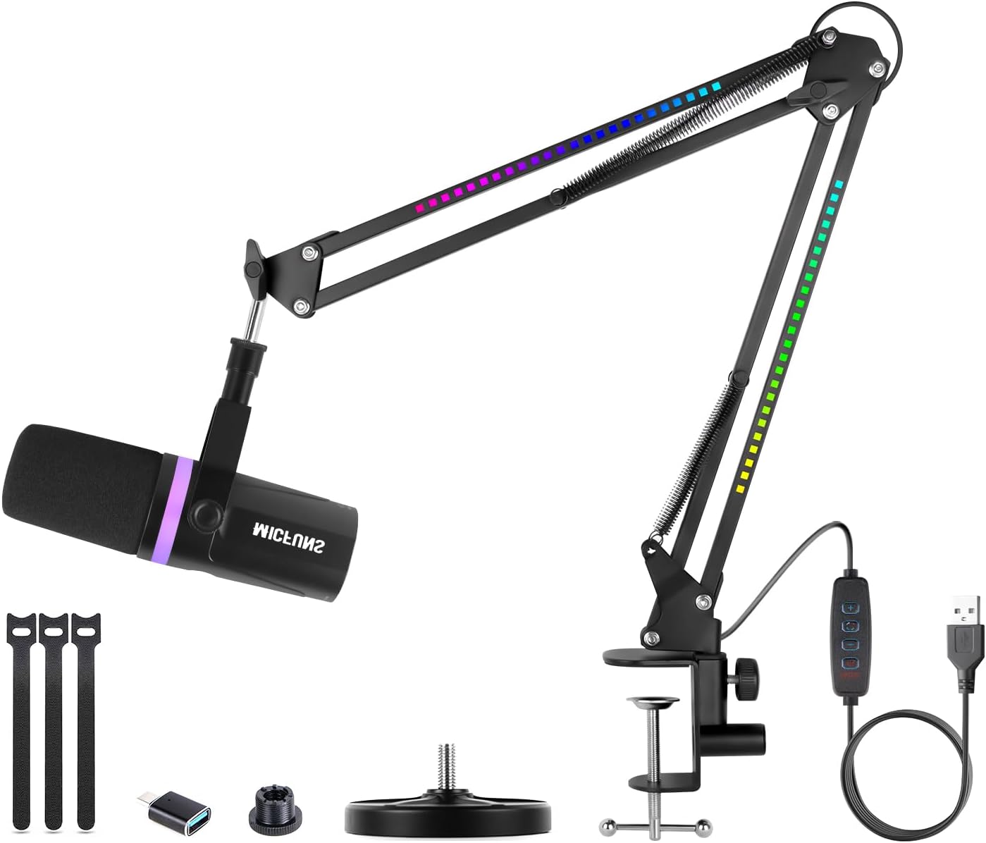 Micufuns Vocal Dynamic Microphone, XLR/USB Podcast Recording PC Microphone,Studio Metal Mic with Mute, Headphone Jack, Monitoring Volume Control,with RGB Microphone Boom arm (M338-A)