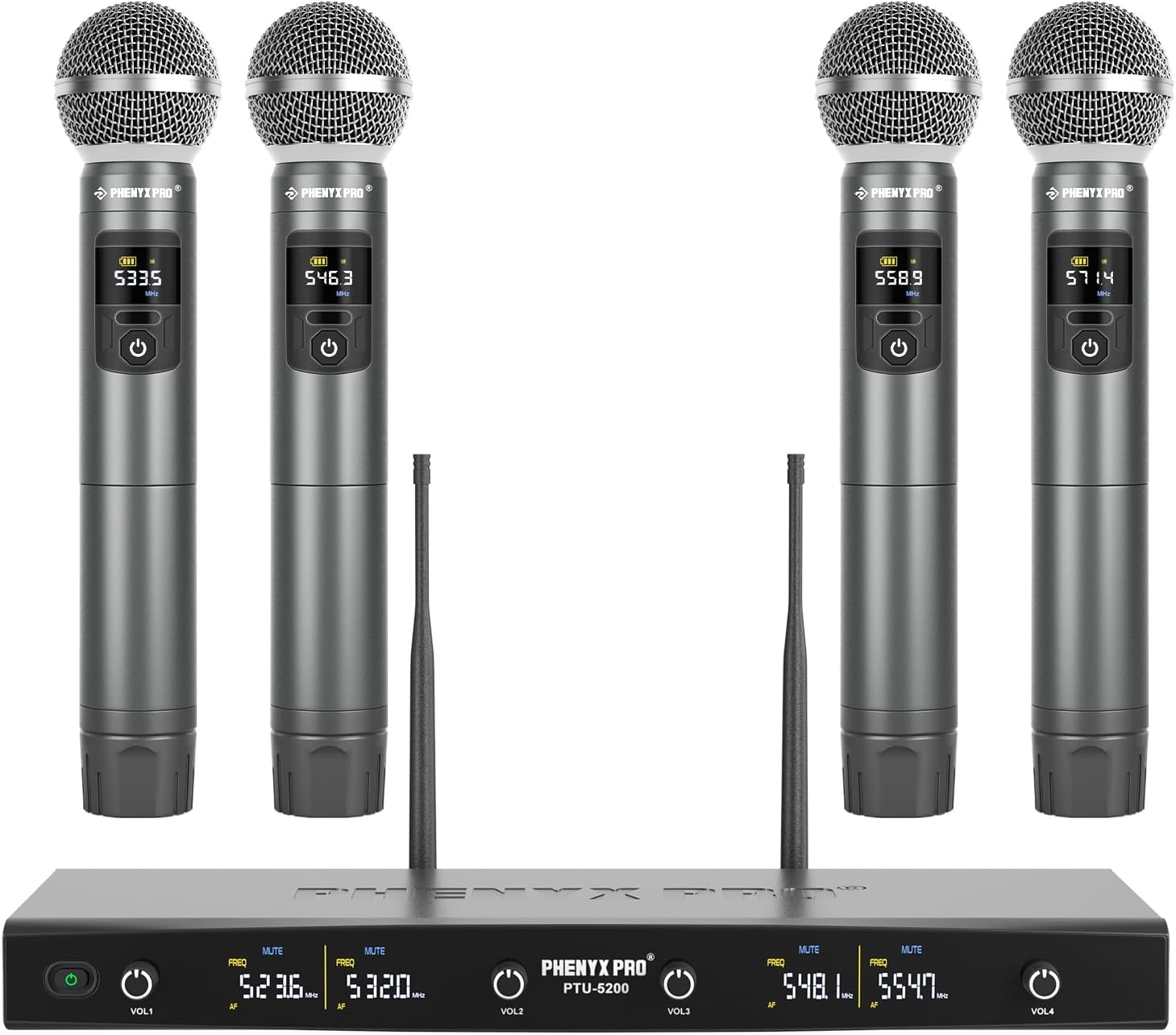 Phenyx Pro Wireless Microphone System, Metal Wireless Mic Set with 4 Cordless Mics, 4x25 UHF Adjustable Frequencies, 200ft Range, Dynamic Microphones for Singing, Karaoke, Church, DJ (PTU-5200-4H)