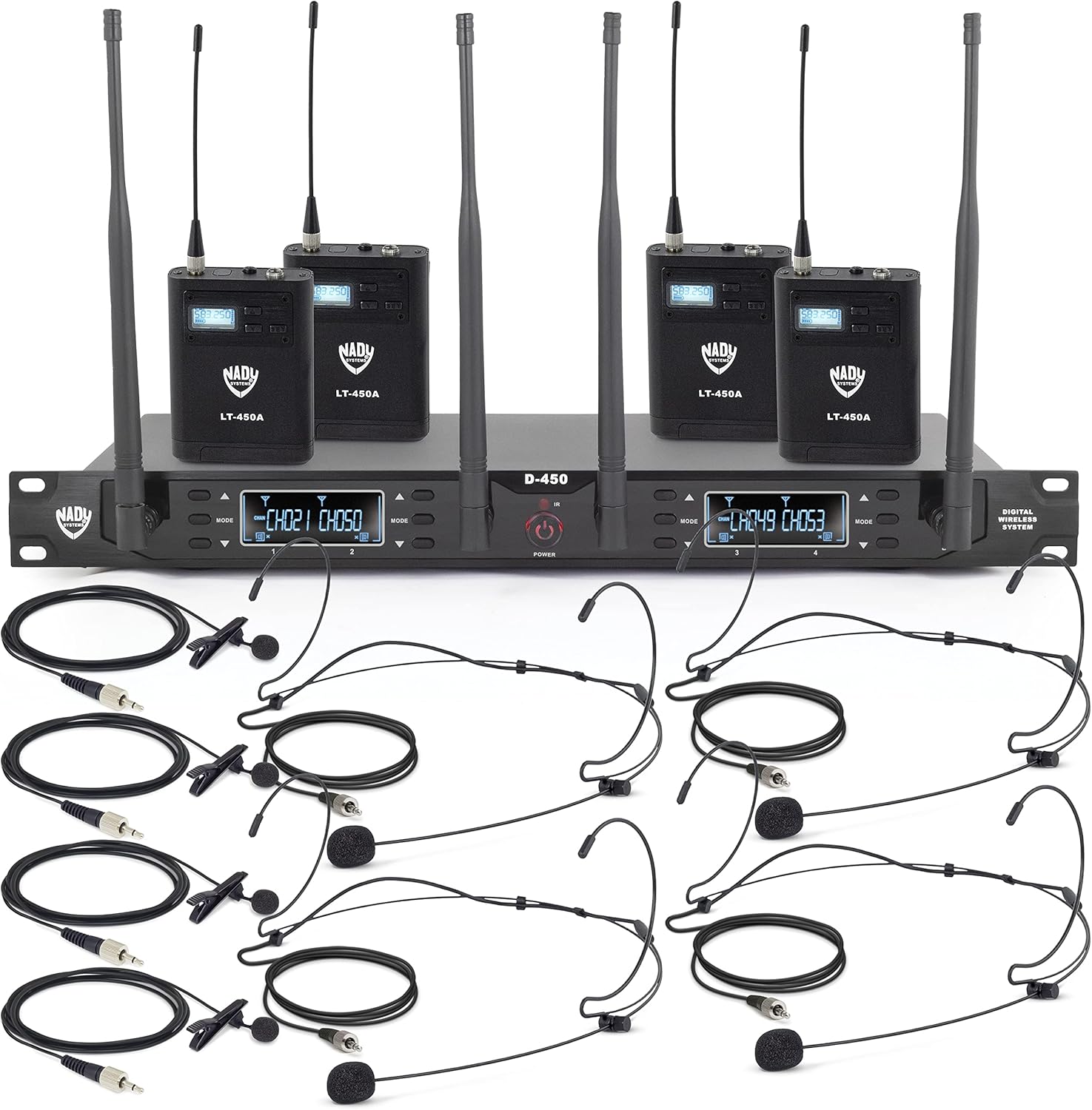 Nady Systems D-450-LT-HM10 Quad Receiver 200-Channel Digital Wireless Lapel/Black Headworn Microphone System | All-Metal Bodypacks & Receiver | 300'+ Range | 4 Individual XLR & 1 Sum ¼ Outputs