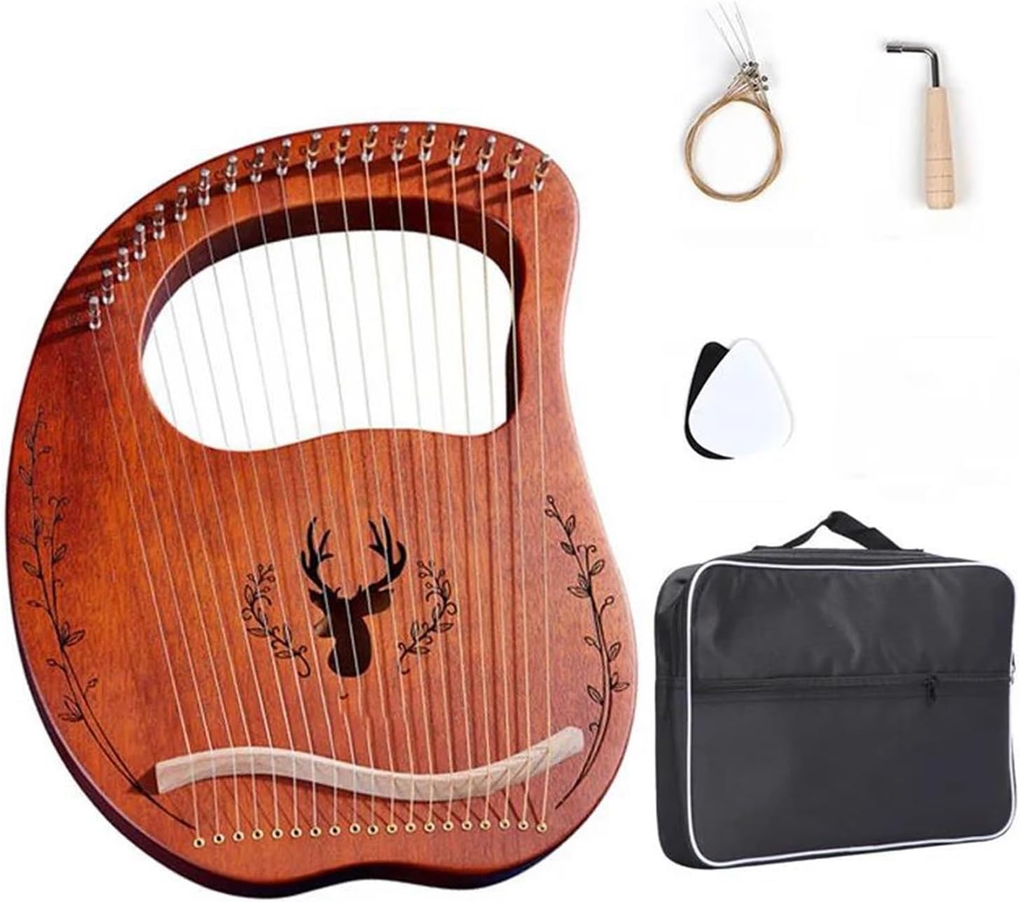 Lyre Harp Set 16/19/21/24 Strings Harp Wooden Mahogany Musical Instrument Lyre Harp With Tuning Wrench Spare Strings(19 Khaki)
