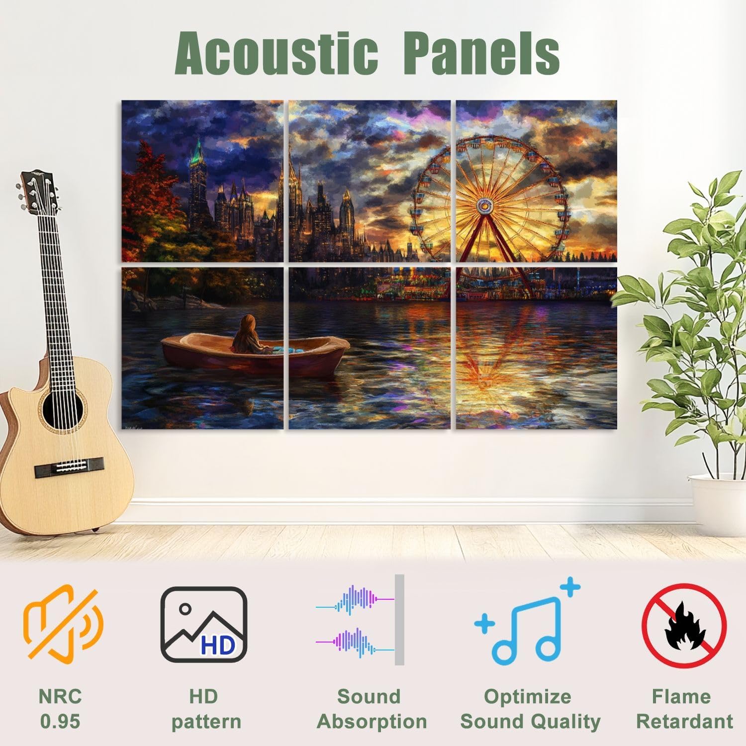 6 Pack Art Acoustic Panels Sound Absorbing Amusement Park Park Scene Castle Skyline Wheel Scenic Pictures Decorative Soundproof Wall Panels Self Adhesive for Recording Studios Office 72