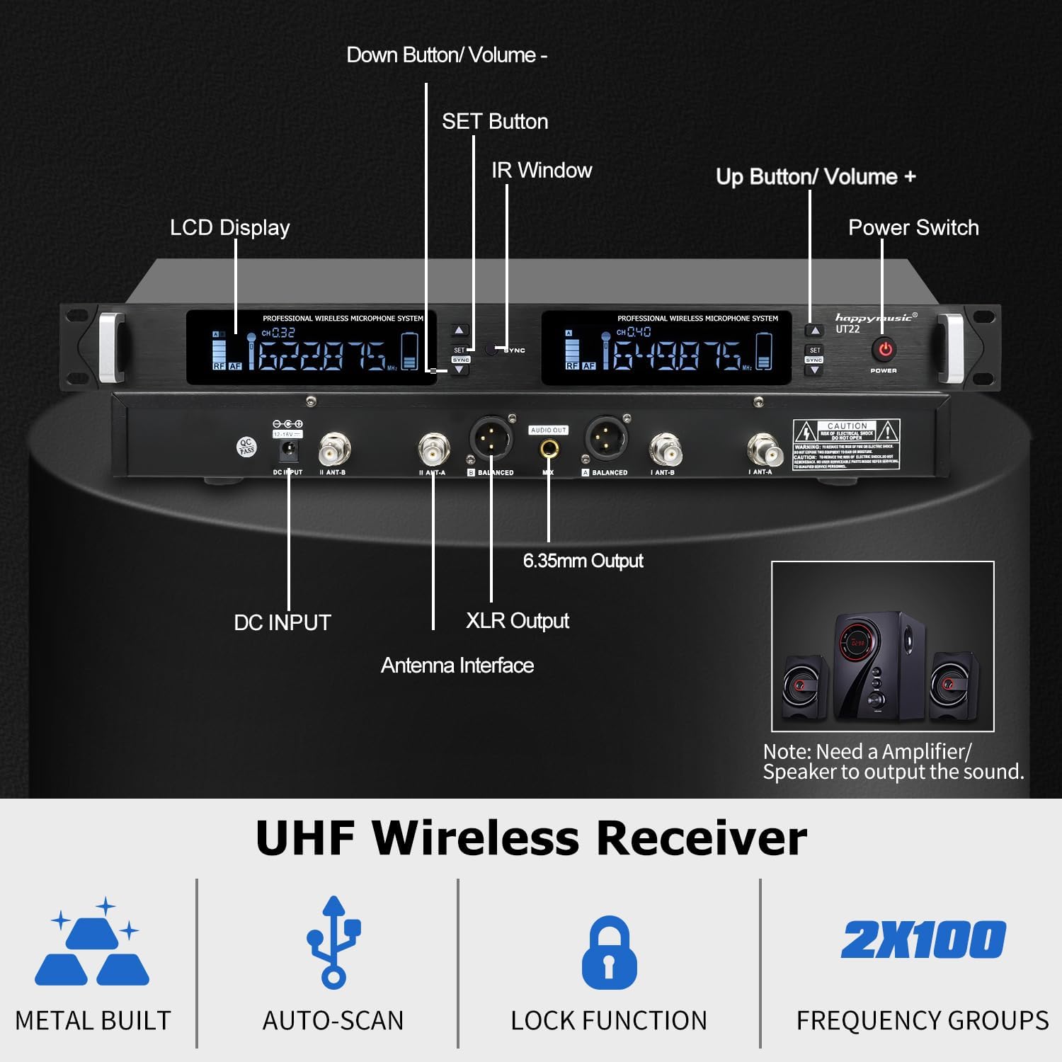 Professional UHF Wireless Microphone System, 2 Channel Metal Microphone Set of 2 Handheld Cordless Mics, Auto Scan,2*100 Frequenciens,Up to 350ft for Singing, Karaoke, Church, Wedding (UT22)