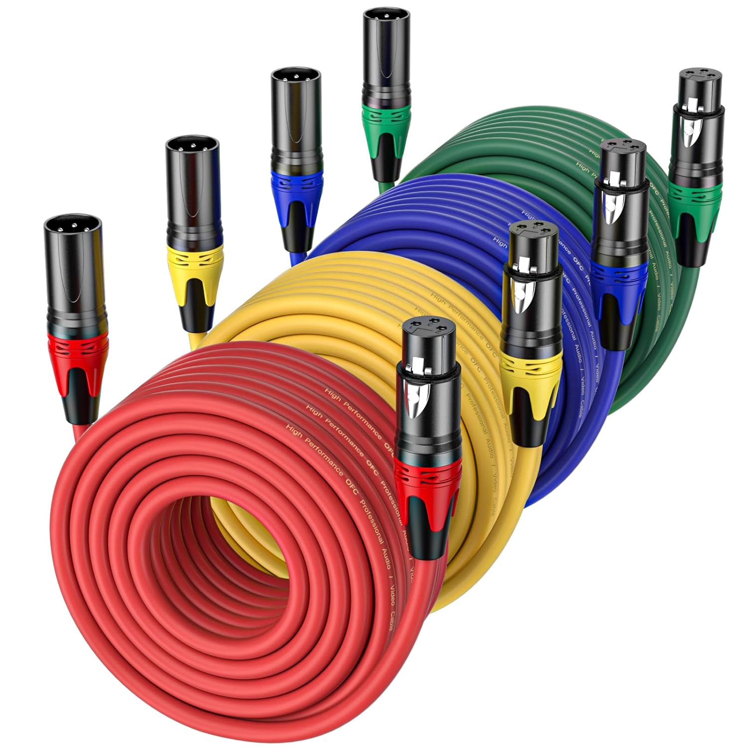 XLR Cable 50ft 4 Packs - Premium Balanced Microphone Cable with 3-Pin XLR Male to Female Mic Speaker Cable, 4 Colors (Red, Yellow, Green, Blue), Pure Copper and Plated Conductors