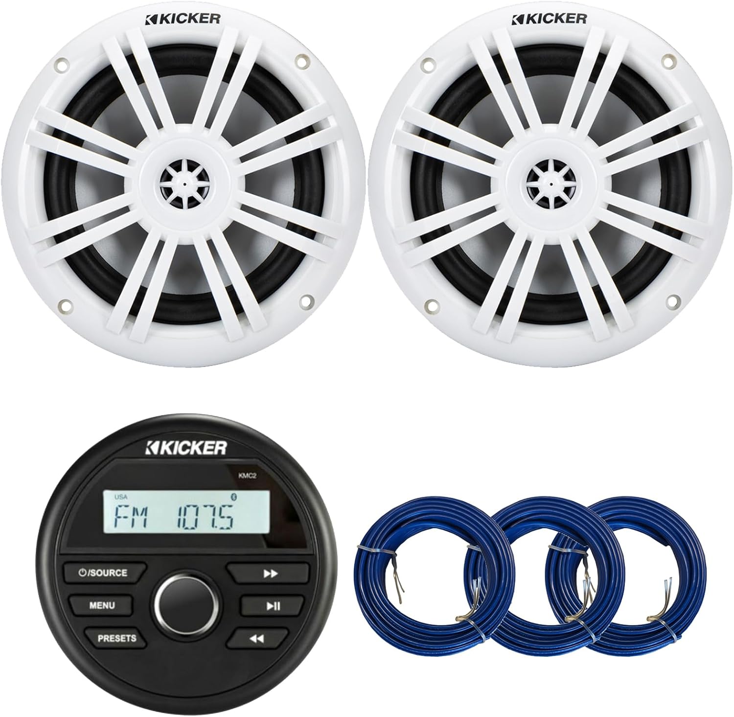 Kicker All-Weather Marine Gauge Style Bluetooth USB Stereo Receiver with 2X 6.5 150 Watt Max Power 2-Way White Boat Audio Speakers, 3X 50-Feet 16-Gauge Speaker Wire