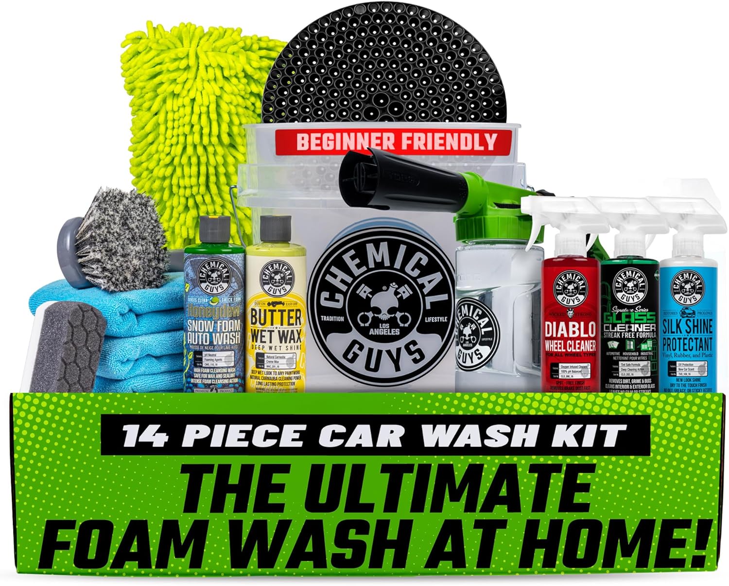 Chemical Guys Car Wash Kit 14-Pc Arsenal Builder - with Foam Blaster, Wash Bucket, Towels, Applicators, and 16 oz Soaps, Waxes, and Cleaners - Complete Car Detailing Gift Set, Works with Garden Hose
