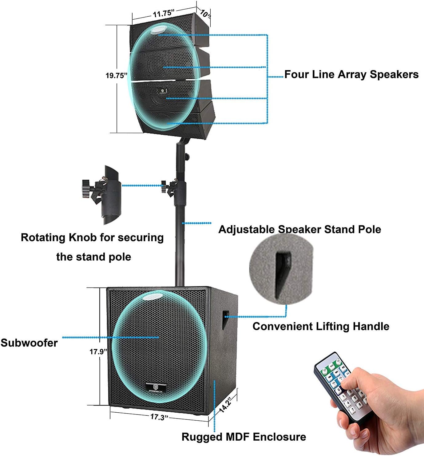 PRORECK Club 3000 12-Inch 4000w DJ Powered PA Speaker System Combo Set with Bluetooth USB Drive Read Function SD Card Remote Control,Two subwoofers and 8 line Array Speakers Set for Church, DJ, Live