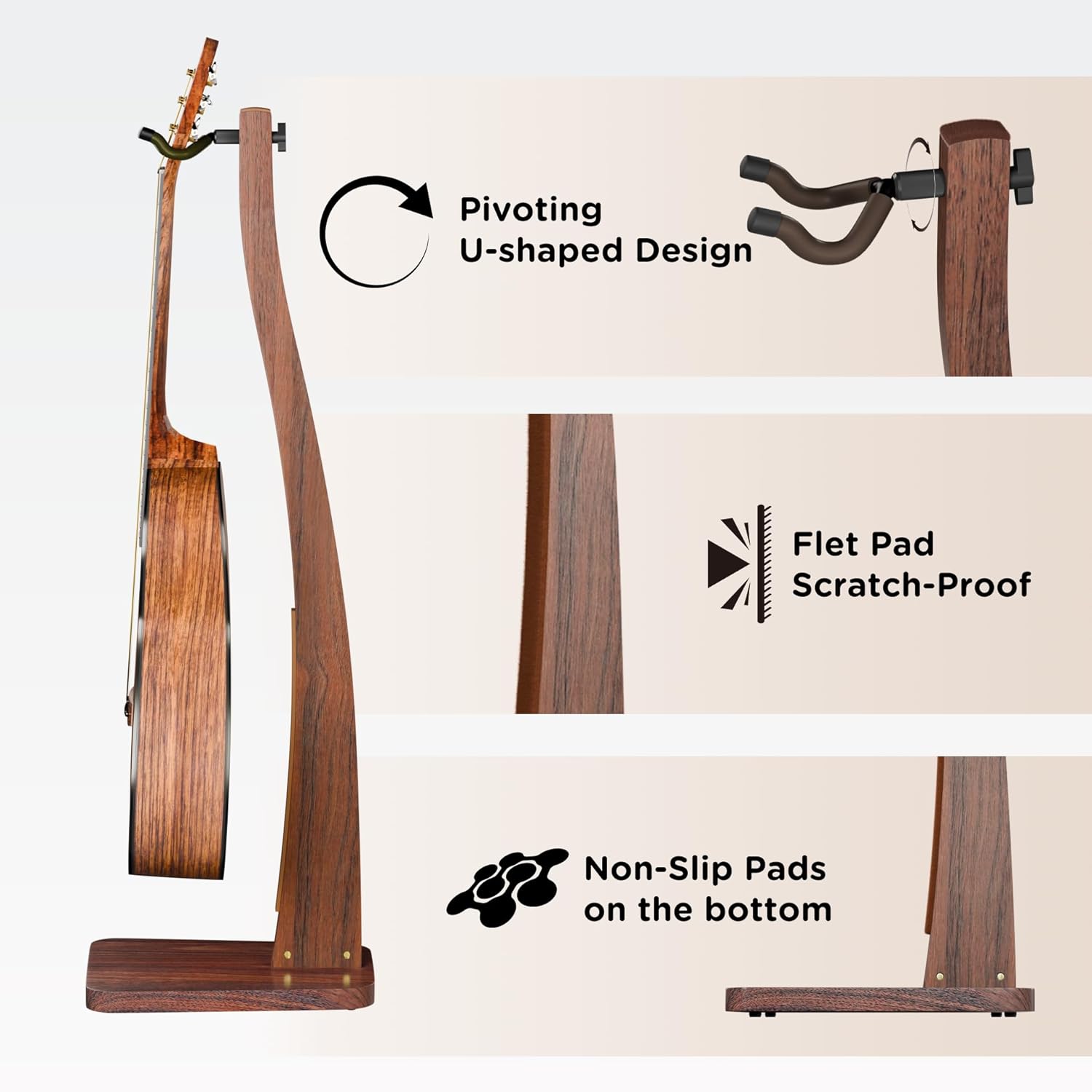 Guitar Stand, Acoustic Guitar Stand Floor, Premium Solid Wood Guitar Stand, Single Guitar Holder Stand for Acoustic Guitar, Electric Guitar, Bass Guitar, Semi Curved Hanging Guitar Stands for Studio, Living Room, American Black Walnut