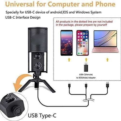 Microphone for USB C-Type Smartphones/Computers for Excellent Audio Recording Directly to A Computer Or Mobile Device, Black